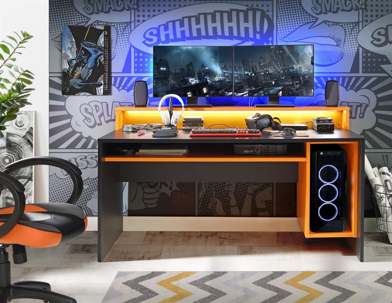 möbelando Schreibtisch Tamas, Gaming Gamingtisch mit Monitorauflage und offene Fächer inkl. RGB-Beleuchtung in schwarz / matt mit Absatz orange - B/H/T ca. 160 x 94 x 69 cm