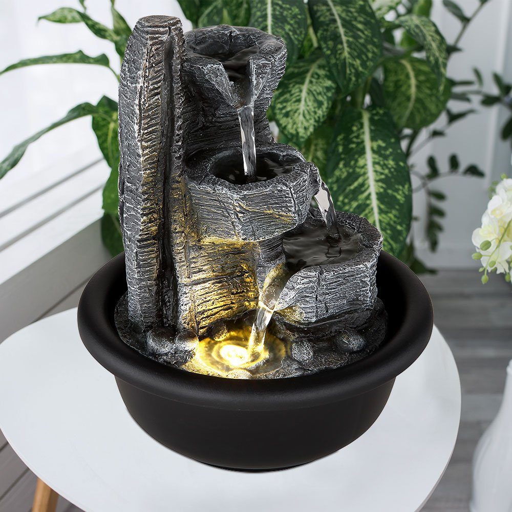 GLOBO LIGHTING Zimmerbrunnen, LED Zimmerbrunnen Tischbrunnen Wasserfall Kunststoff schwarz H 19 cm