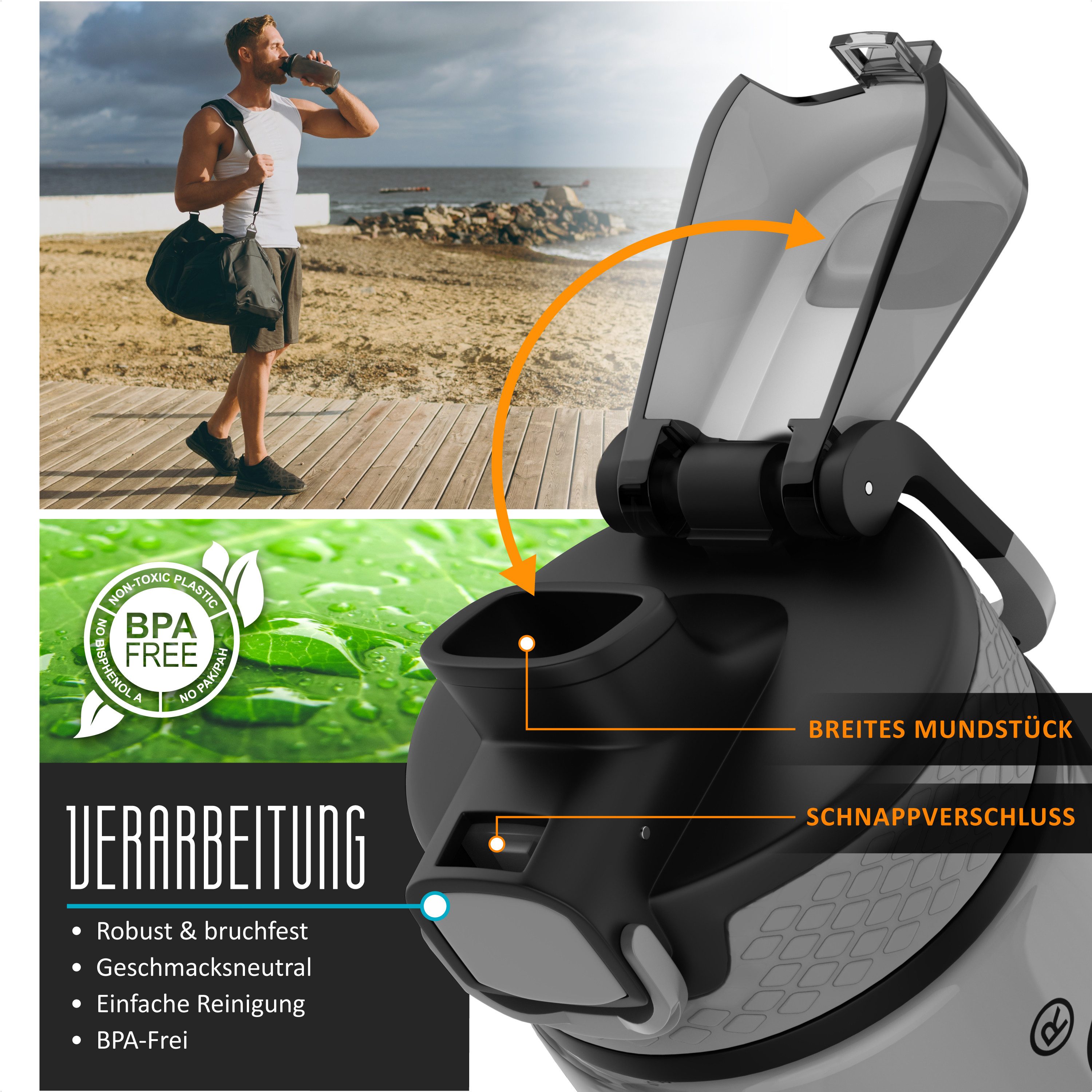 Arendo Trinkflasche Sport Wasserflasche 700 ml, verschließbar, spülmaschinengeeignet, BPA-frei, auslaufsicher, One-Click-Verschluss, Mengenskala, Flasche