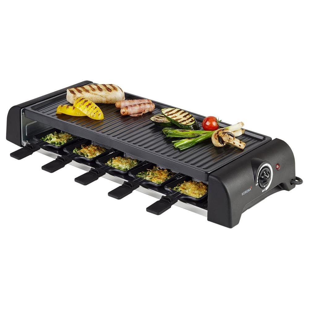 KORONA Raclette XXL Raclette Grill 45060 für 10 Personen, große Grillplatte, Temperaturregler, mit 10 Pfännchen und Spatel