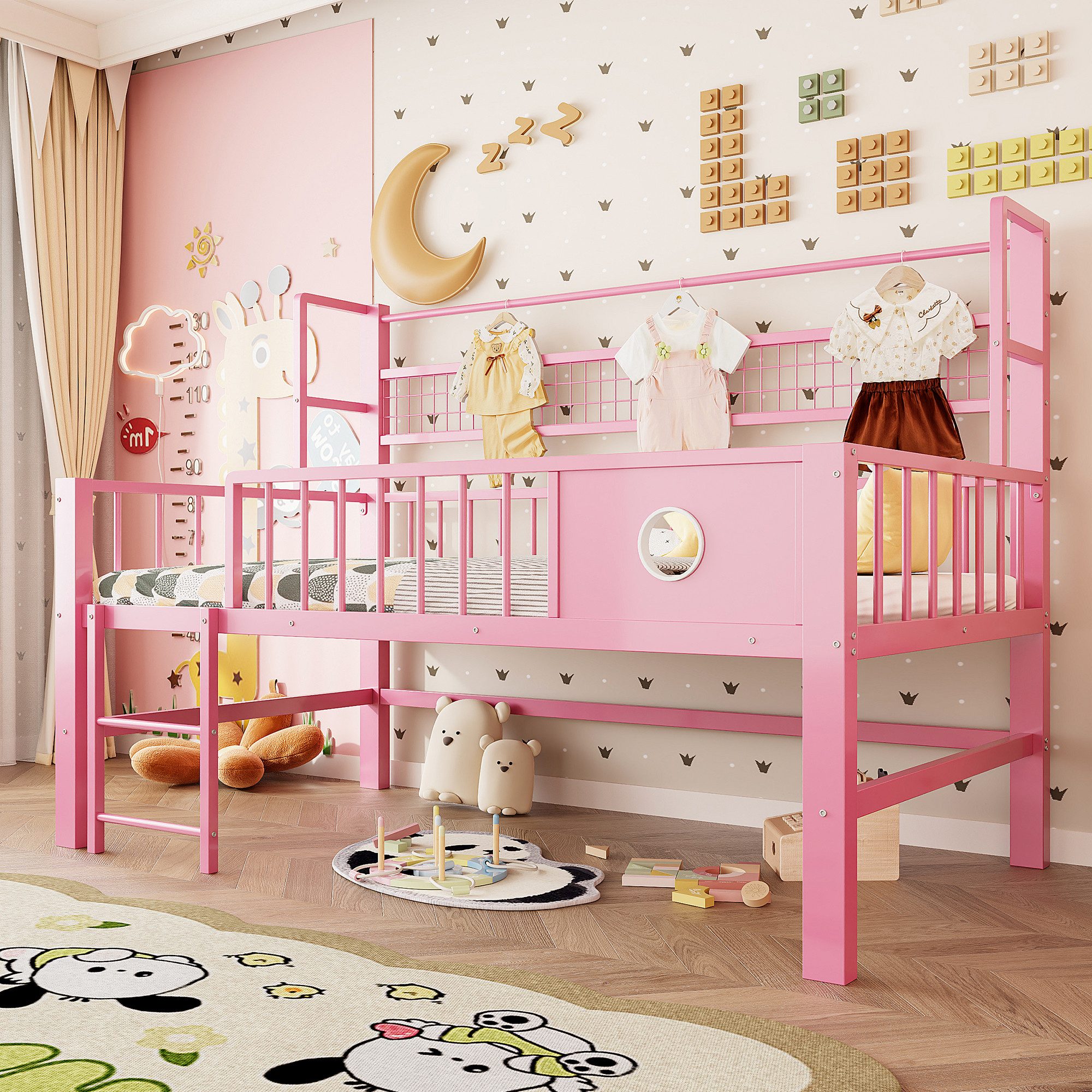 Flieks Kinderbett, Niedriges Hochbett Metallbett 90×200cm mit Netzregal Kleiderstange