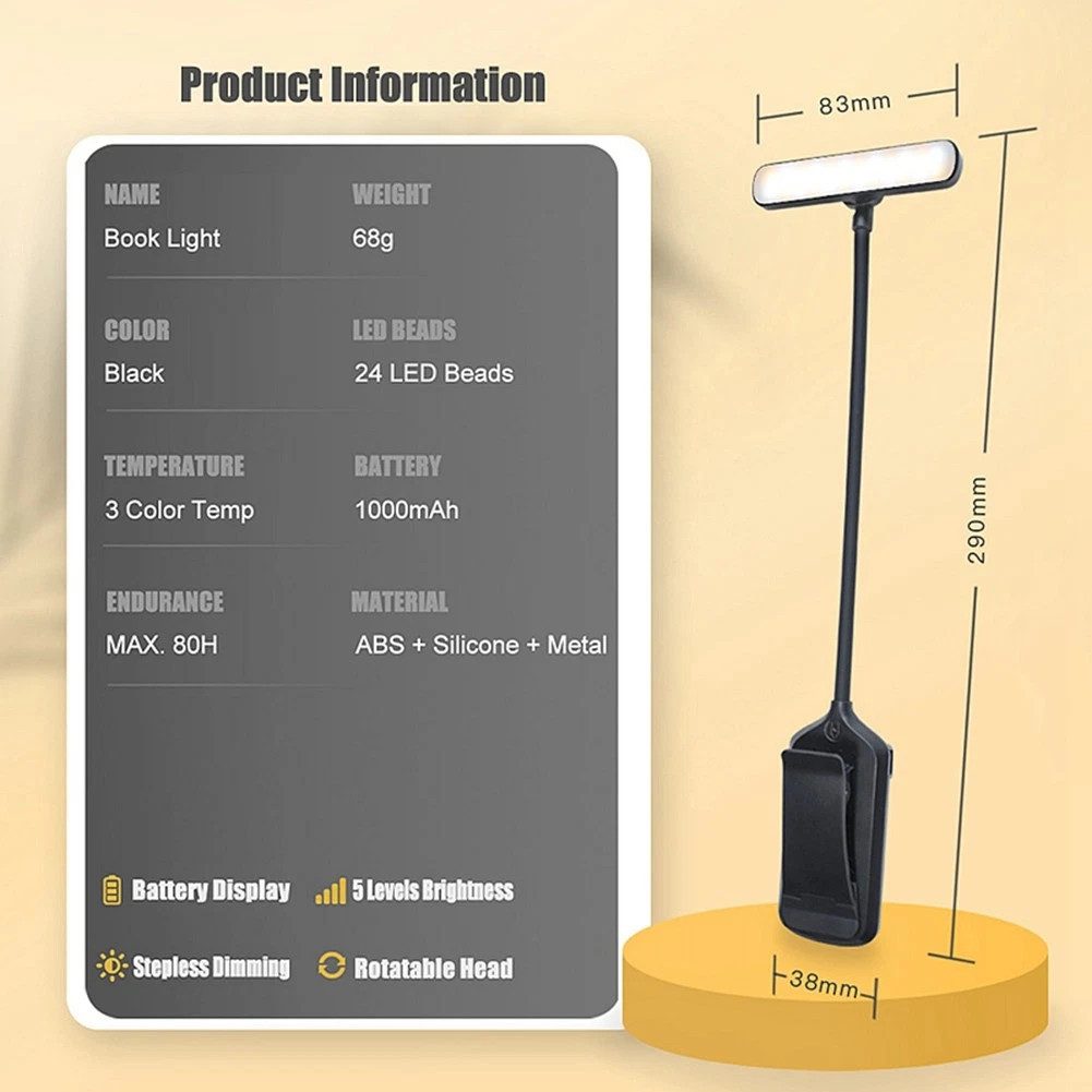 Ophy LED Leselampe LED Buchlampe mit Clip – wiederaufladbar (USB), 24 LEDs, 3 Farbtemperatur-Modi (Bernstein/Misch/Weiß), 5 Helligkeitsstufen, 360° flexibler Sc – Bild 4 von 5