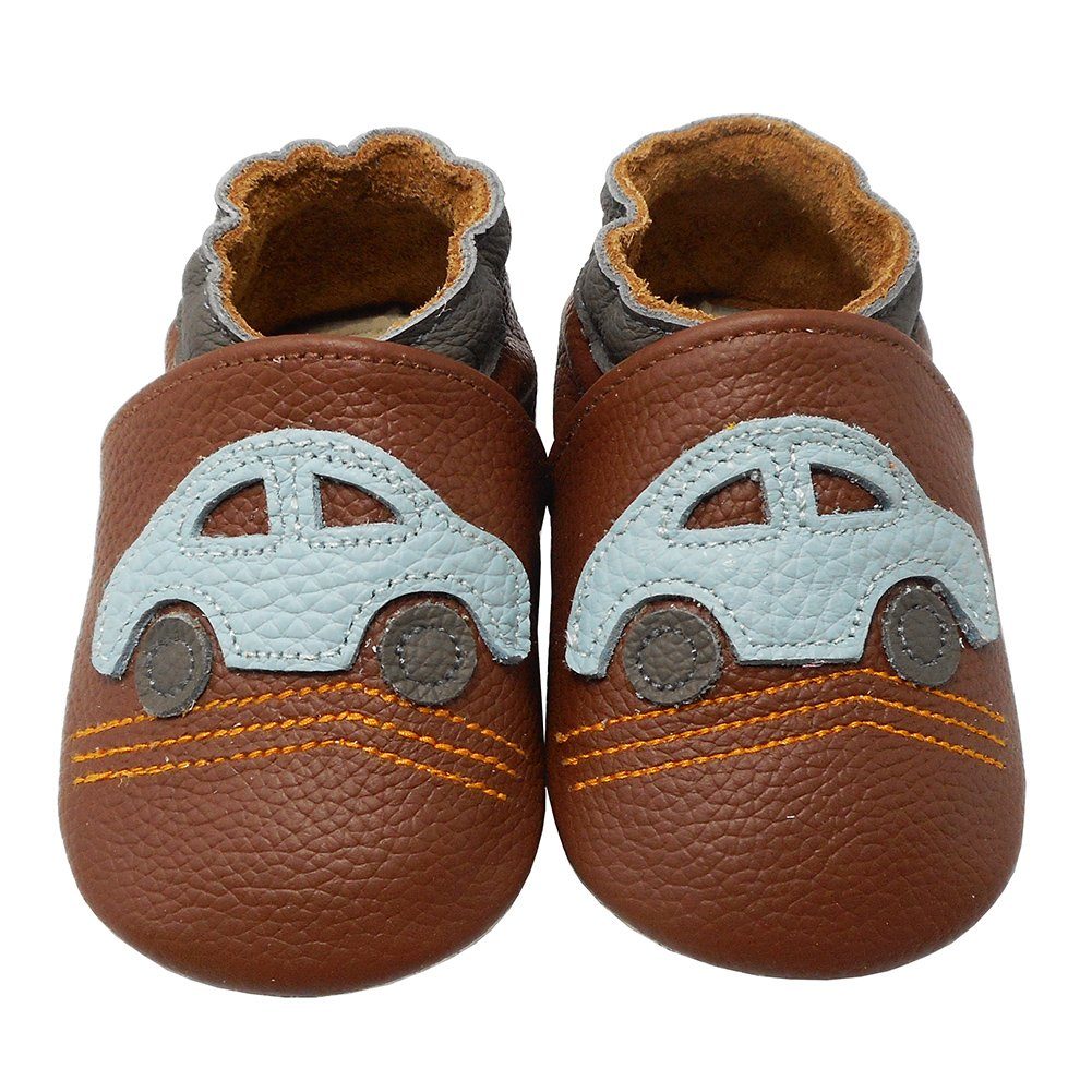 Weiche Leder Lauflernschuhe Hausschuhe Lederpuschen Auto Braun Hausschuh