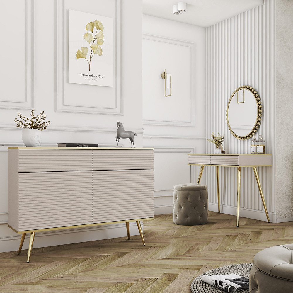 Lomadox Wohnzimmer-Set OLOVO-160, (Mega-Spar-Set, 2-St., Schminktisch), Beige, Rillenfront, goldene Highlights und Füße, Push-to-open