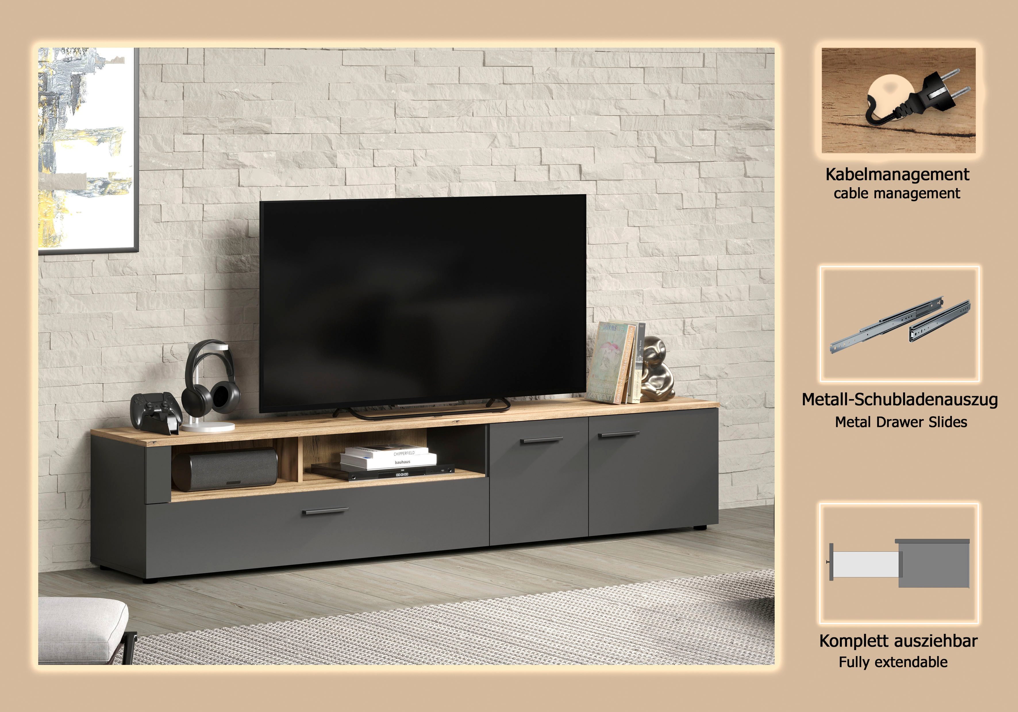 Home affaire Lowboard Estepona TV-Kommode (1 St), TV-Board, Breite 210 cm, Elegant und modern