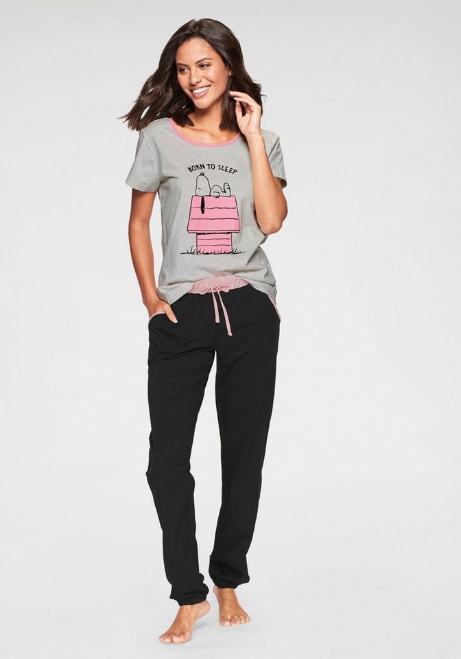 PEANUTS Pyjama (2 tlg., 1 Stück) mit Snoopy-Print, Hose mit  kontrastfarbenem Tunnelzugbund und seitlichen Eingriffstaschen