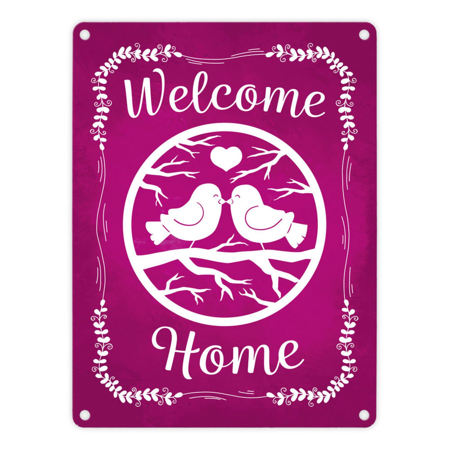 Metallschild Welcome Home mit niedlichen Vögeln Metallschild in 15x20 cm in magenta