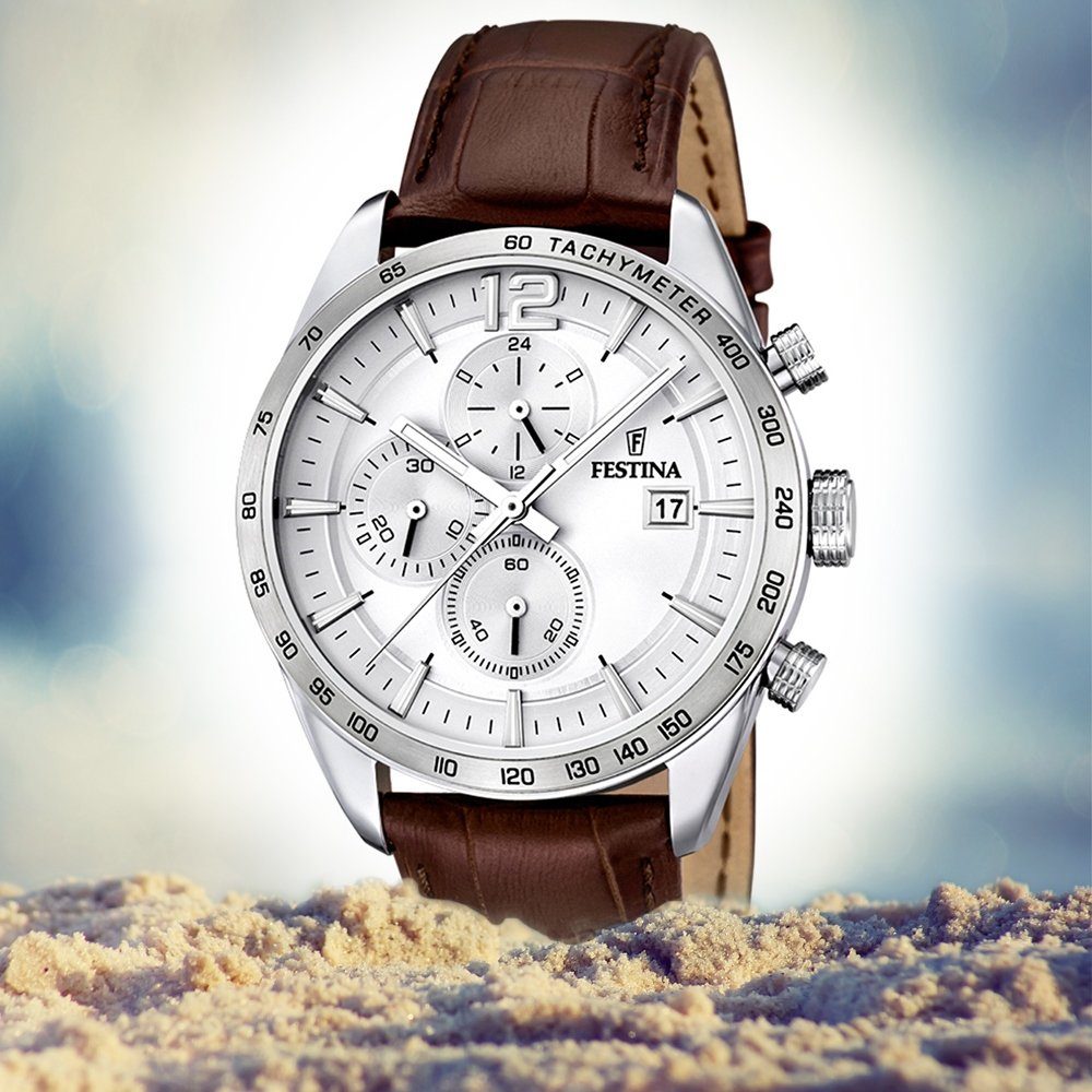 Festina Chronograph Festina Herren Uhr F16760/1 Chronograph, (Chronograph), Herren Armbanduhr rund, Lederarmband braun