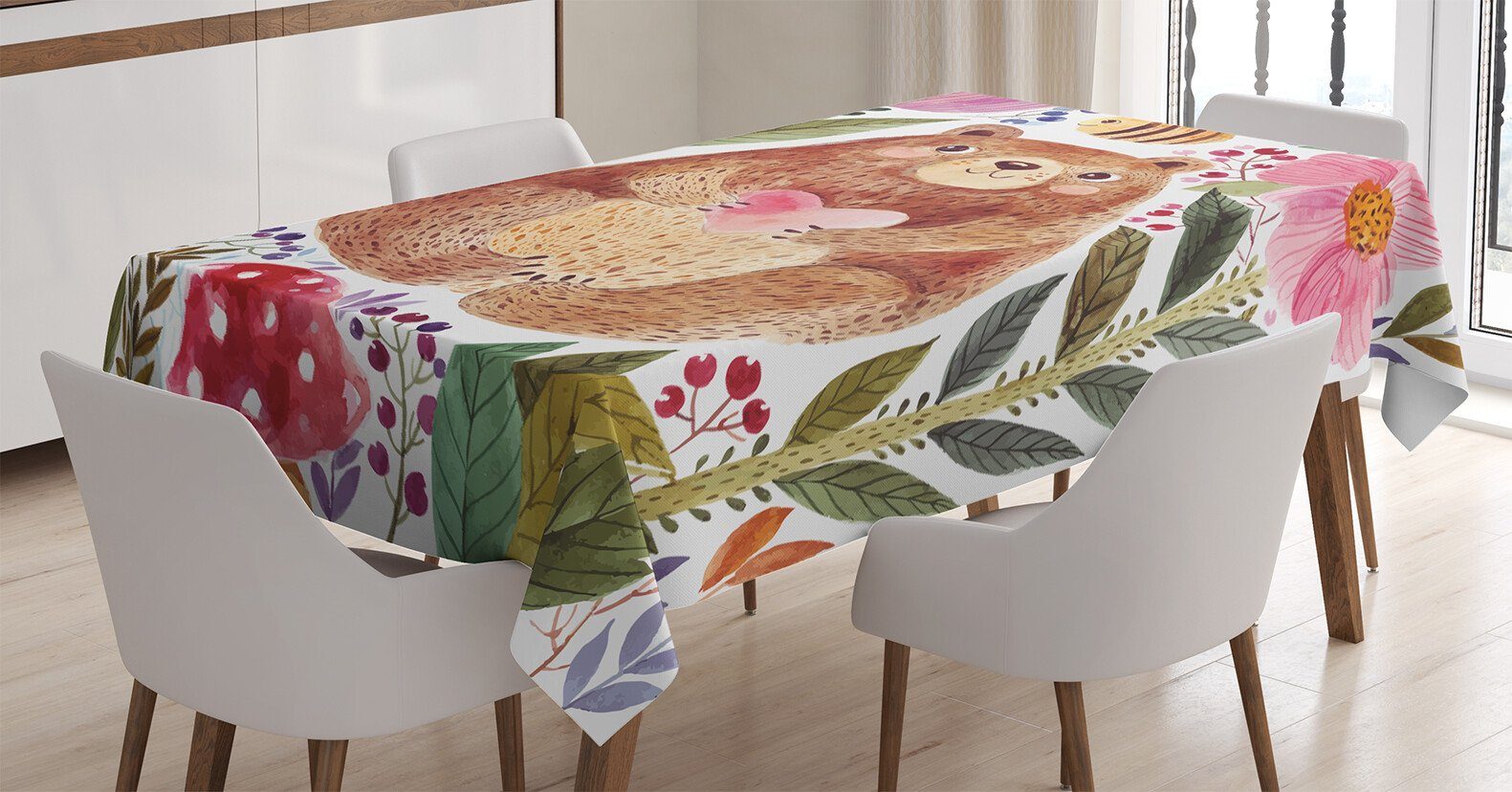 Abakuhaus Tischdecke Farbfest Waschbar Für den Außen Bereich geeignet Klare Farben, Bunt Bär mit Blumen