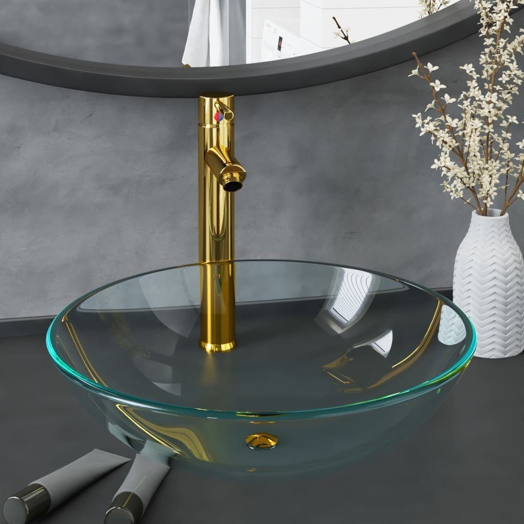 vidaXL Waschbecken Waschbecken mit Wasserhahn und Ablaufgarnitur aus gehärtetem