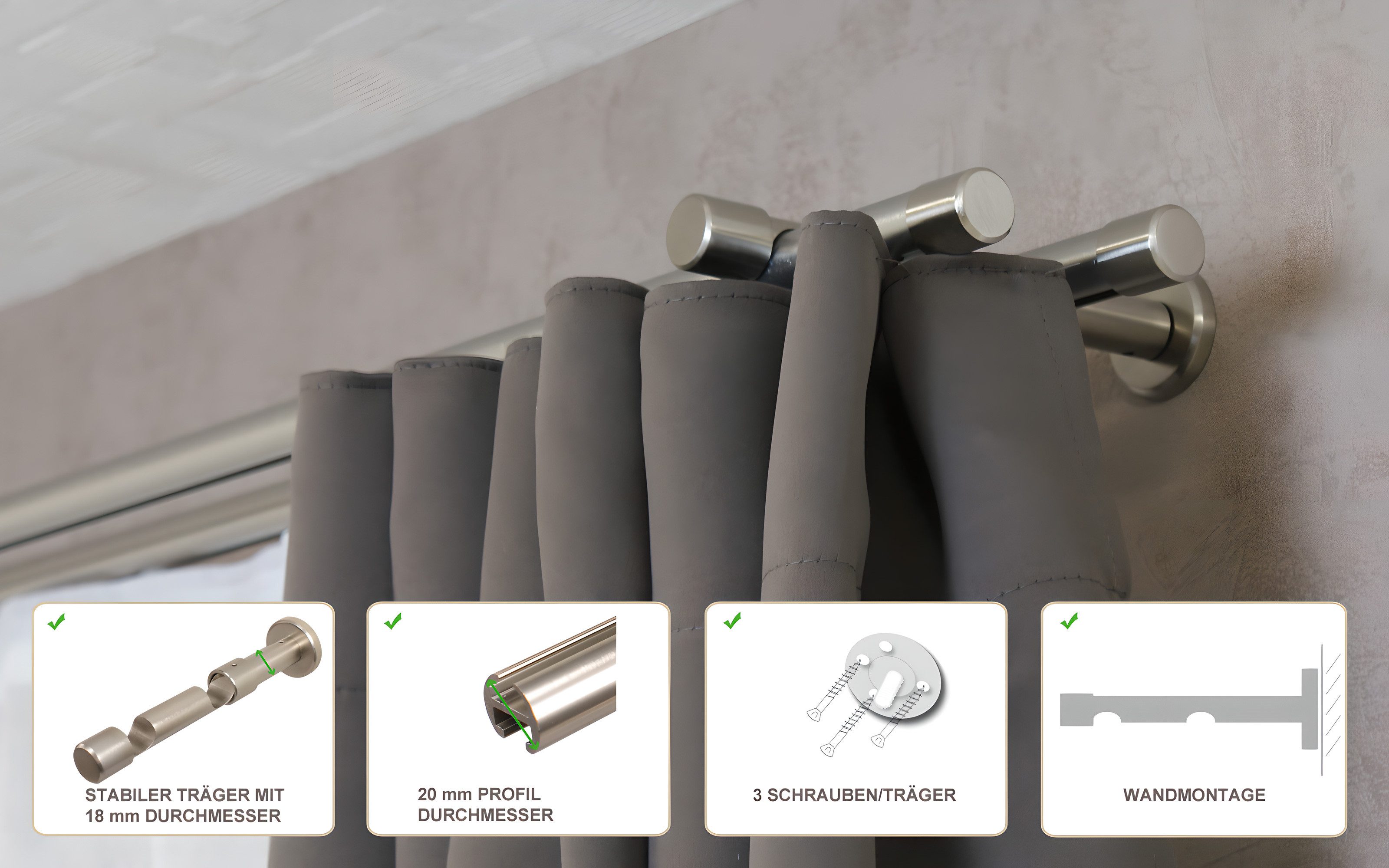 iso-design Gardinenstange Innenlauf 2-läufig Wandmontage 20 mm Farbe Edelstahl Endstück Kappe, Ø 20 mm, 2-läufig, Fixmaß, mit Bohren, Metall, Innenlaufprofil mit Metallsäge kürzbar