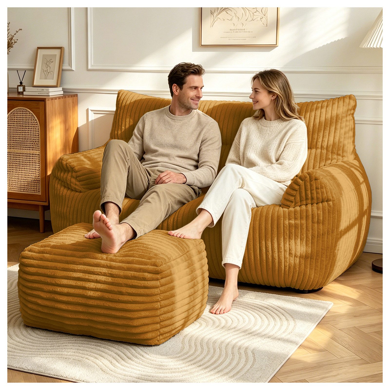 Odikalo 2-Sitzer Sofas wohnzimmer Loungesofa Relaxsessel Sitzsack mit Schlaffunktion, Doppel-Sitzsack mit Hocker–Große Sitzsack-Lounger für Erwachsene Jugendliche und Kinder–Ideal für Wohnzimmer Schlafzimmer Studentenwohnheim oder Balkon