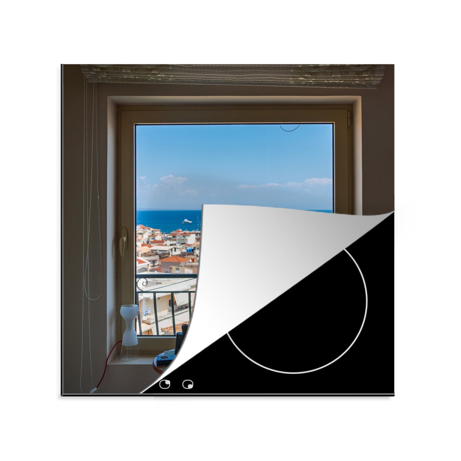 MuchoWow Herdblende-/Abdeckplatte Meerblick aus einem Fenster in Griechenland, Vinyl, (1 tlg), 78x78 cm, Ceranfeldabdeckung, Arbeitsplatte für küche