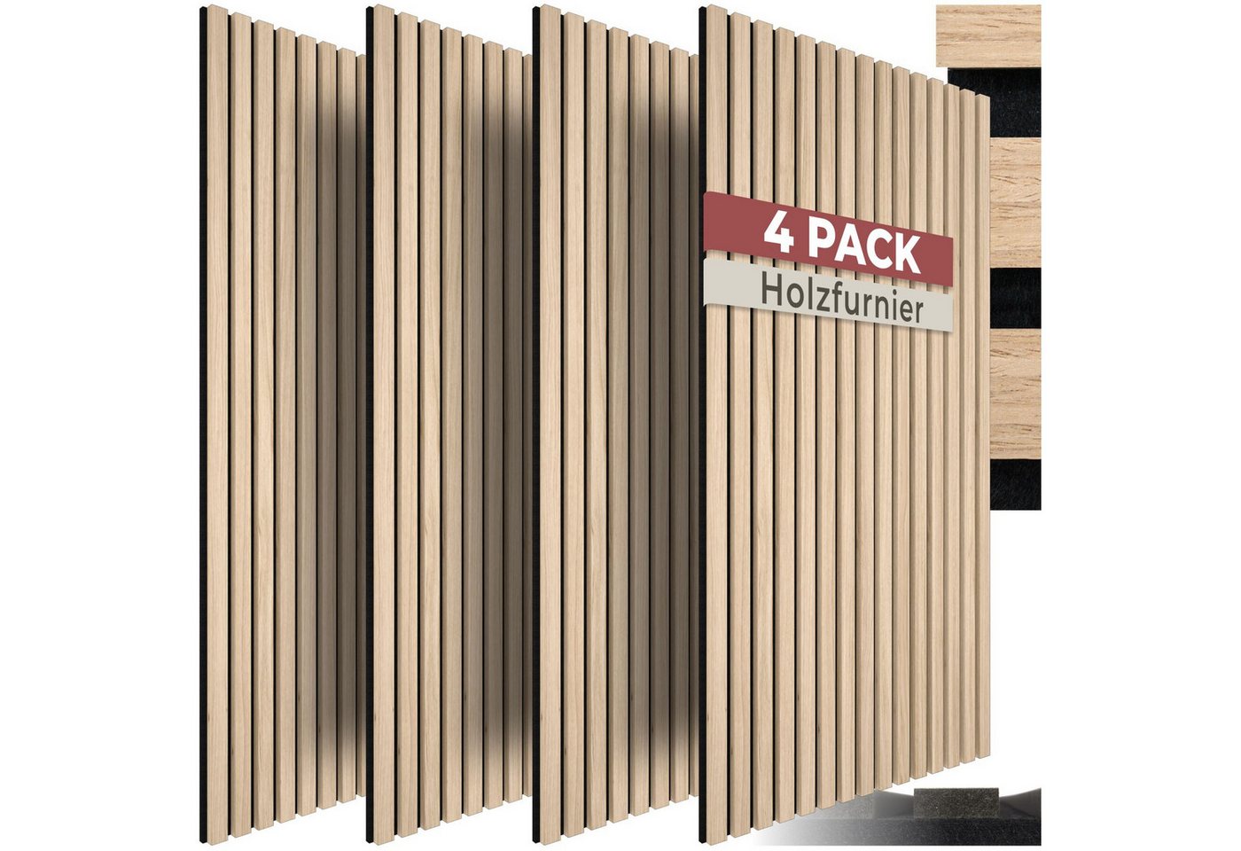tectake Wandpaneel Akustikpaneele aus MDF und Echtholzfurnier - Eiche hell, BxL: 50x110 cm, 0.55000000000000004 qm, (Holzpaneele Sonic Wall II, 4-tlg., Größe flexibel anpassbar) schallabsorbierender Filz, einfache Montage mit Kleber oder Schrauben