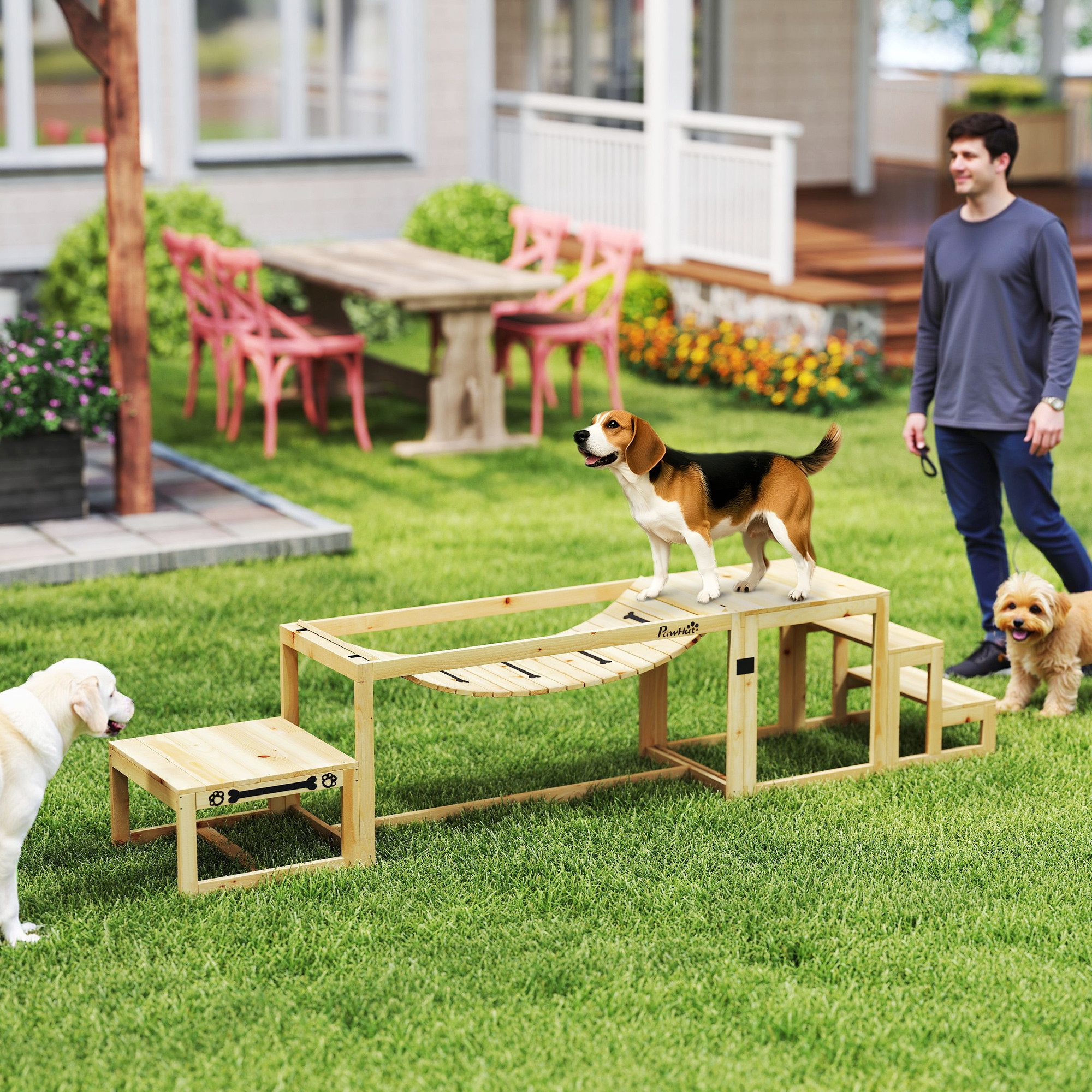 PawHut Agility-Hürde Hunde Agility-Ausrüstung mit Brücke, Treppe, Plattform, Tannenholz, Agility Set (3-tlg) für mittelgroße, große Hunde bis 40 kg, Naturholz