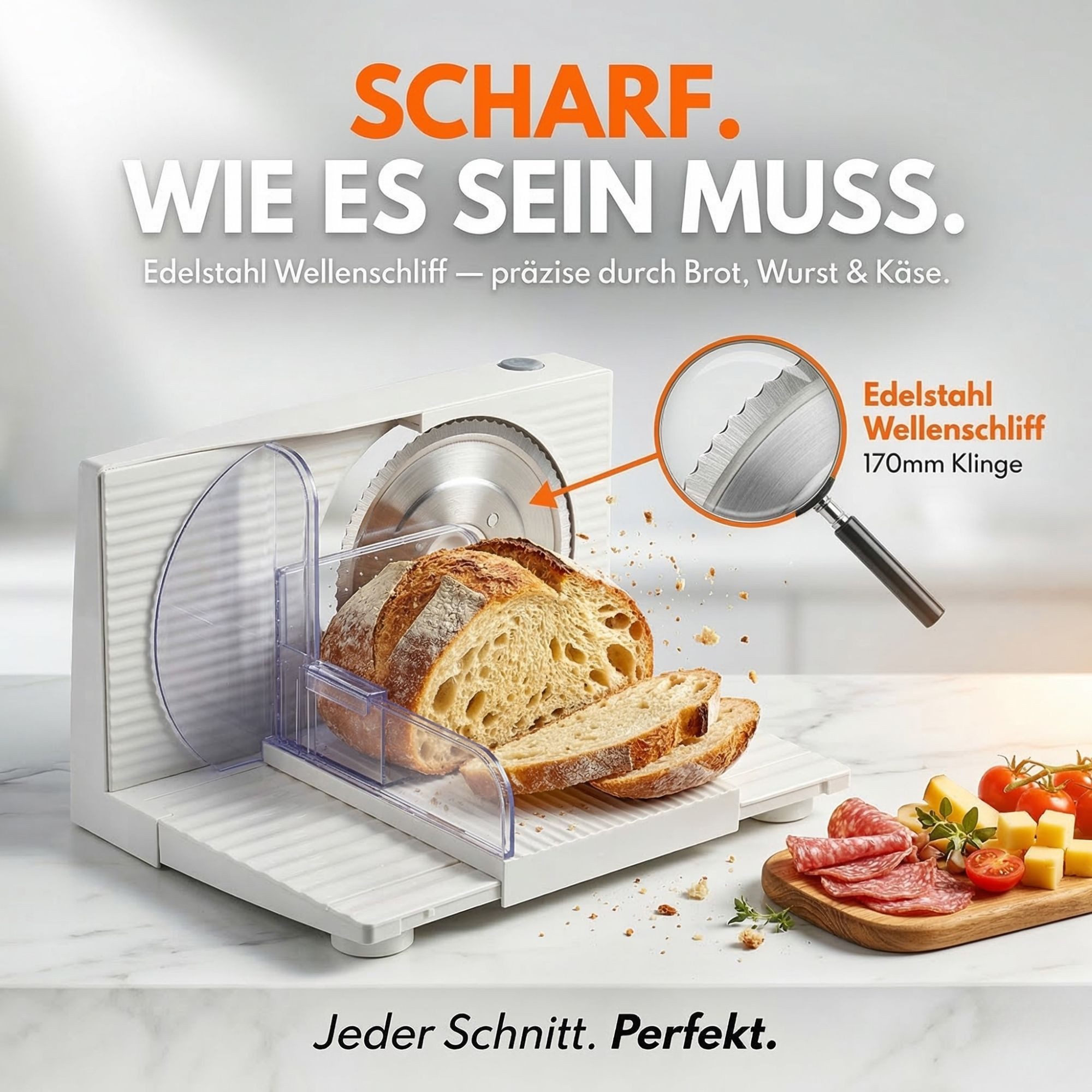 Sommertal Allesschneider AS170 150W Edelstahlmesser mit Wellenschliff, 0-15mm, klappbar, elektrische Schneidemaschine Brotschneidemaschine weiß