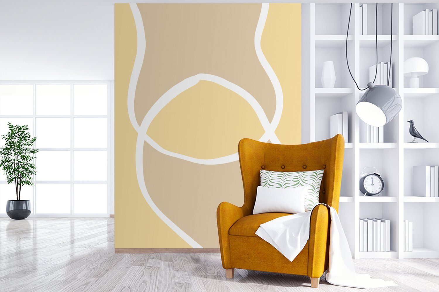 Matt, Fototapete Formen - Wohnzimmer, - (4 St), Montagefertig Gelb bedruckt, Tapete Abstrakt, Figuren Wandtapete MuchoWow - Vinyl für