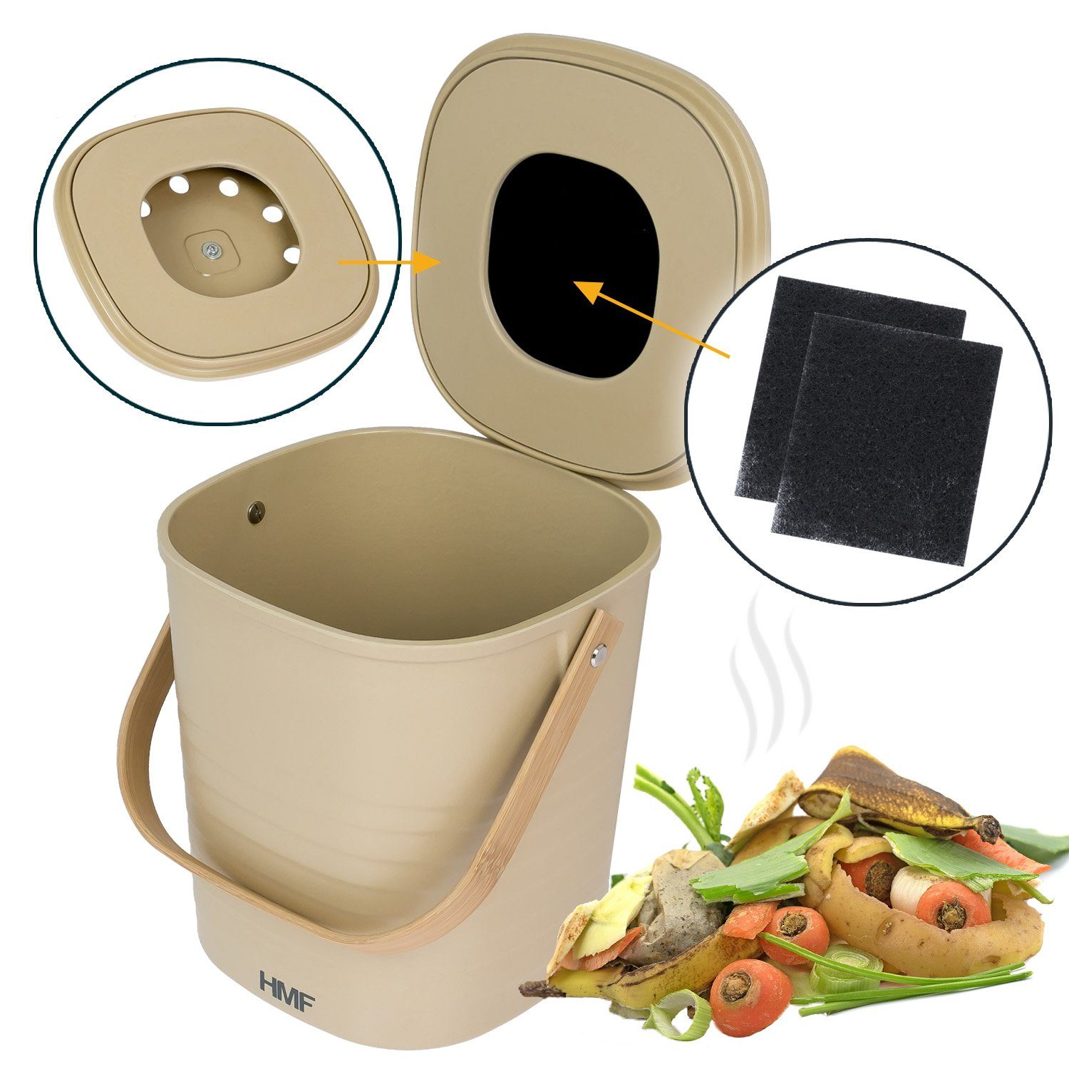 HMF Küche Aktivkohlefilter, mit Biomülleimer die Beige 3L, für Abfalleimer Deckel, Komposteimer kleiner mit