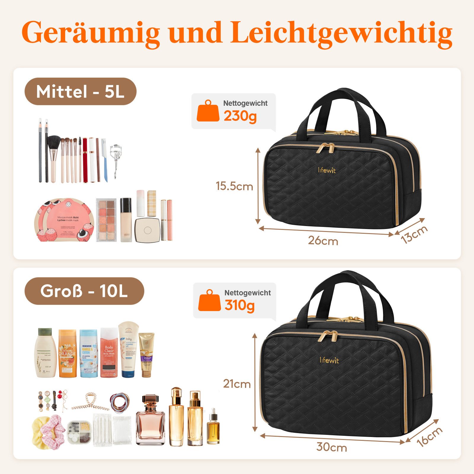Lifewit Kulturbeutel Reise Kulturtasche Damen, Wasserabweisende Kulturbeutel mit Nassfach (Set, 1-er, B/H/T 13/15.5/26 cm), Tragbar