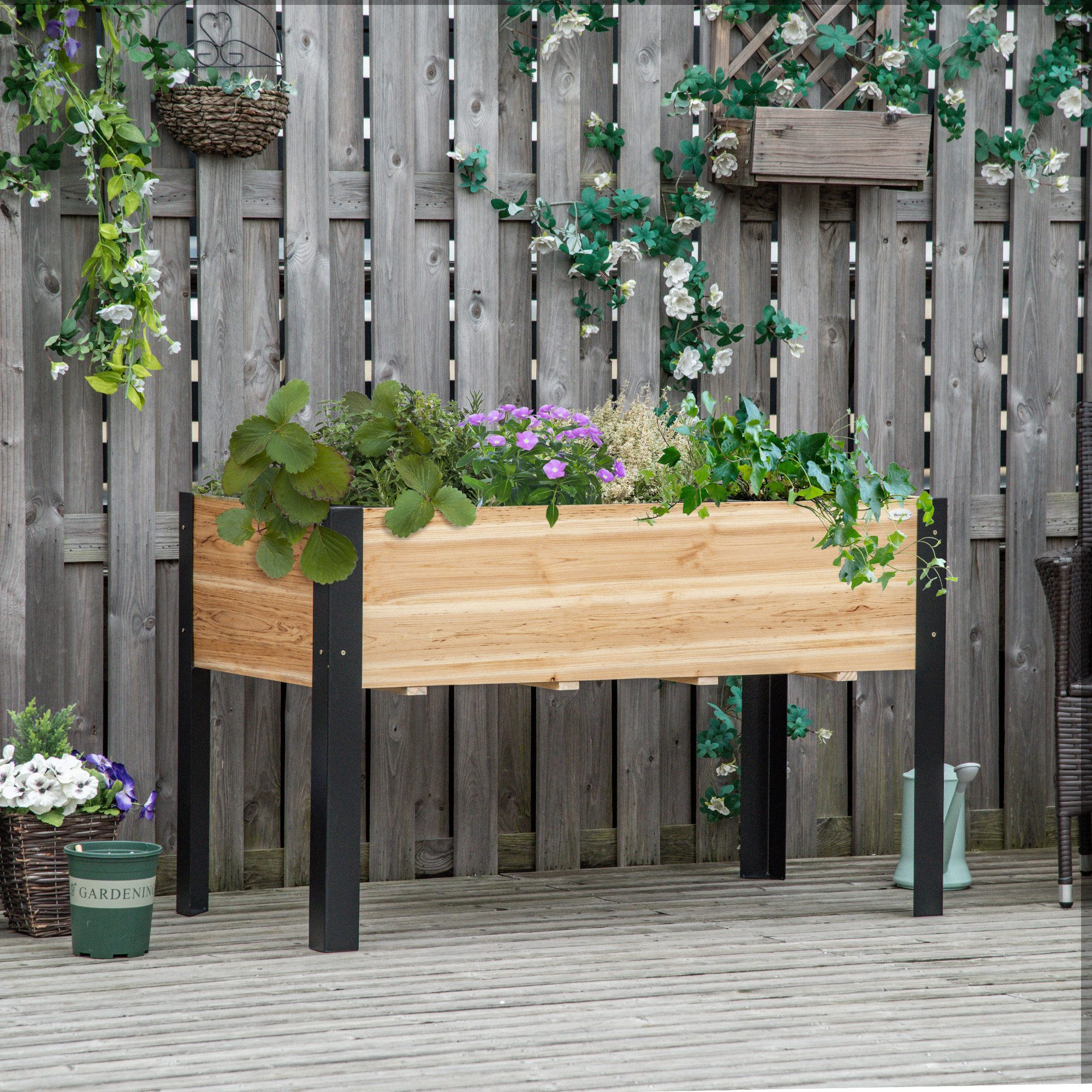 Outsunny Hochbeet Blumenkasten Blumentopf mit Vliesstoff Massivholz (Pflanzkasten, 1 St., Kräuterbeet), für Garten, Balkon, Natur