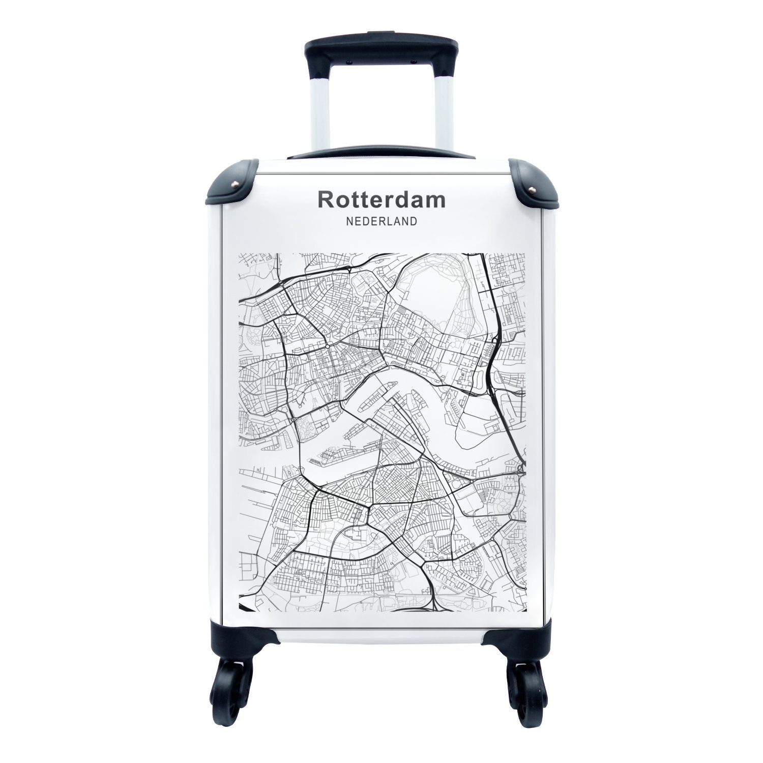 Rotterdam, Trolley, Ferien, MuchoWow Stadtplan Handgepäck für Schwarz weiß mit 4 - Reisekoffer Reisetasche - rollen, und Rollen, Handgepäckkoffer