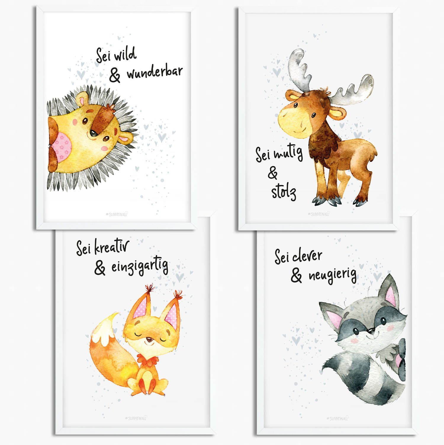 Sunnywall Плакат Плакат Kinderzimmer Igel Waschbär Elch Waldtiere mit Spruch (4er Set), Igel, Waschbär, Eichhörnchen & Elch (Waldtiere) (Set), ungerahmt