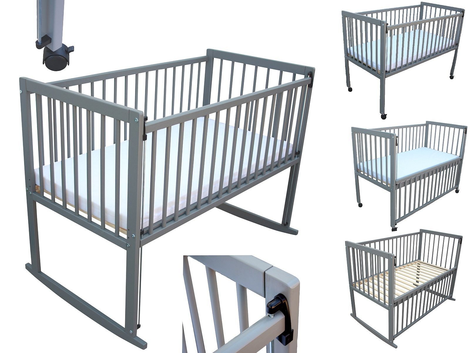 Beistellbett Kinderbett / Beistellbett / Wiege 3in1 120x60 cm mit Matratze grau