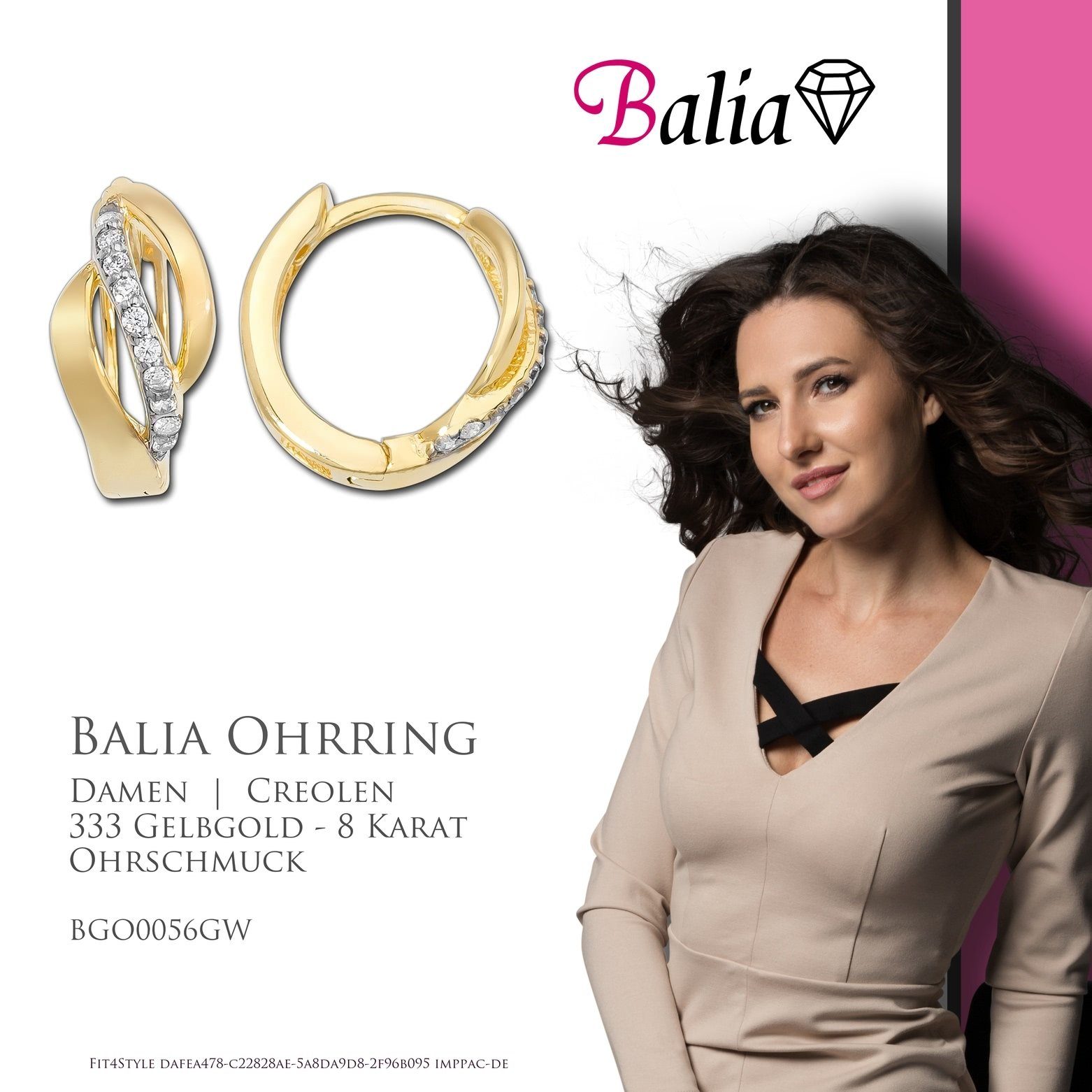 Creolen 333 (Creolen), Creolen 333 weiß, Gelbgold Farbe: Balia gold Creolen aus Balia Karat, - Elegance Paar 8Karat Damen Gelbgold 8 Damen