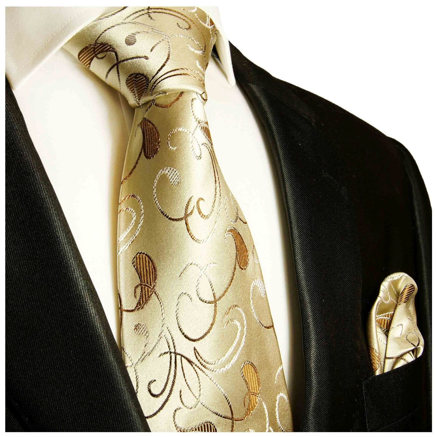 Paul Malone Krawatte Herren Seidenkrawatte und Tuch paisley brokat 100% Seide (Set, 2-St., Krawatte mit Einstecktuch) Breit (8cm), braun gold 915 | Breite Krawatten