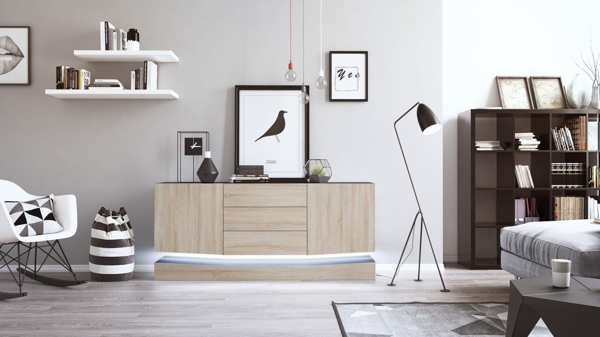 Vladon Sideboard City (Kommode mit 2 Türen, und 3 Schubladen inkl. LED-Beleuchtung), Schwarz matt/Eiche sägerau (178 x 72 x 38 cm)