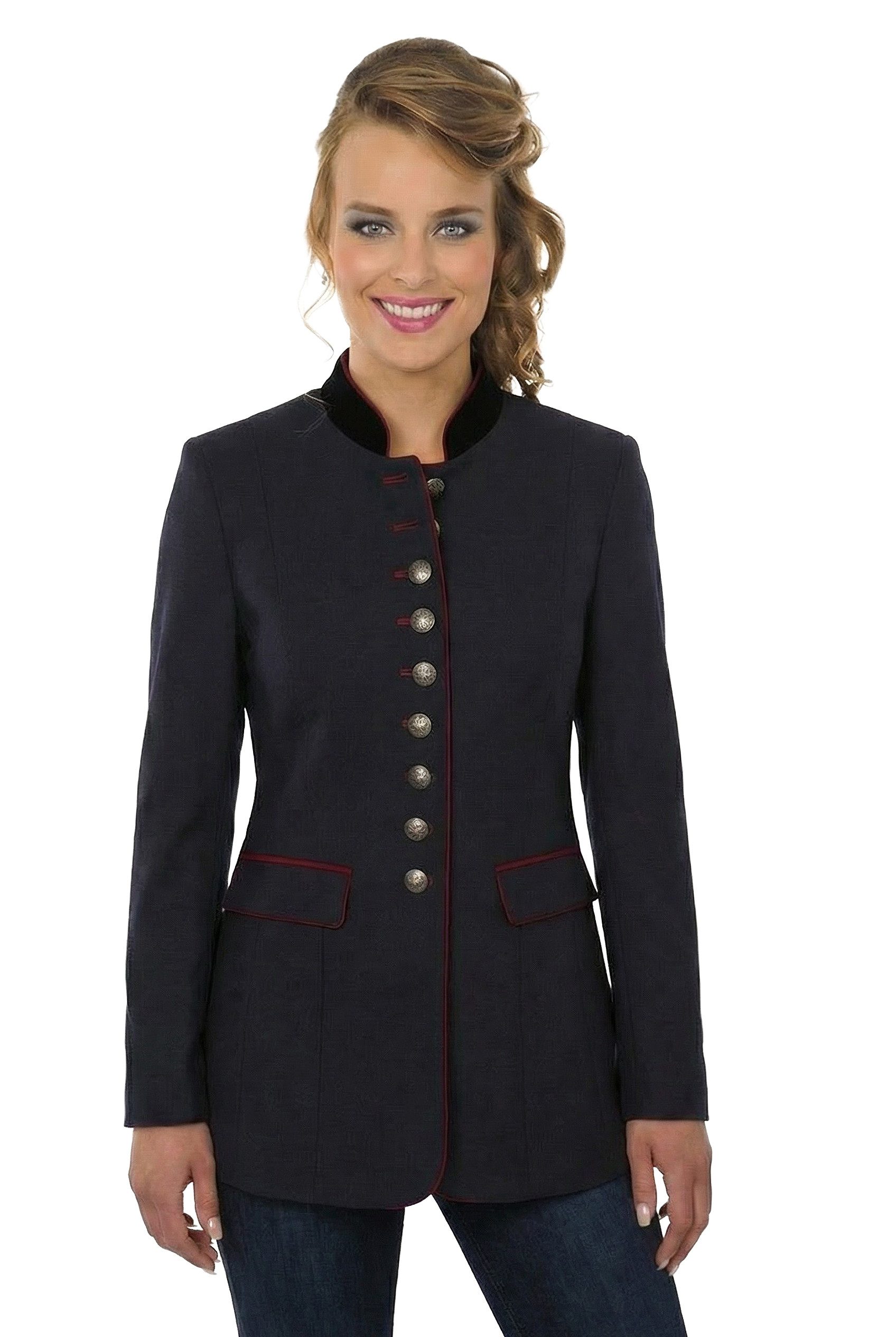 Moschen-Bayern Trachtenblazer Ophelia Damen Anthrazit mit Samtkragen und Metallknöpfen Stehkragen