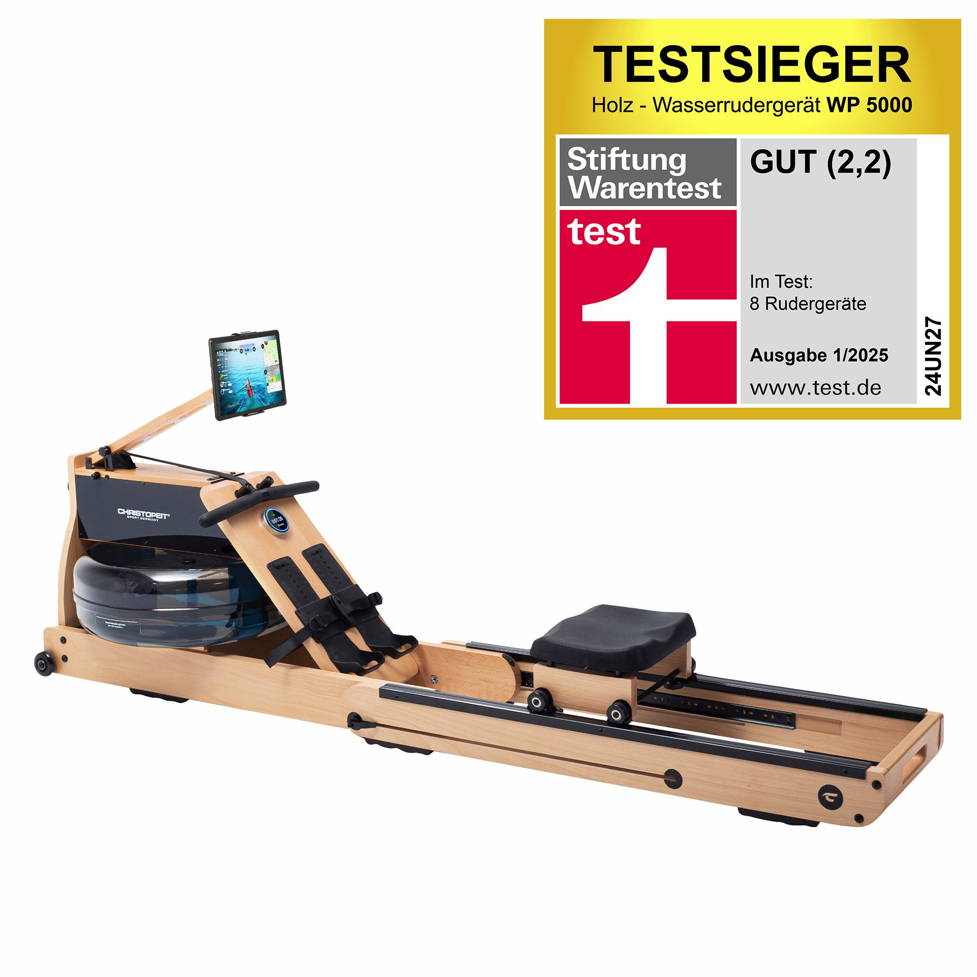 Christopeit Sport® Ruderzugmaschine WP 5000 Wasserrudergerät (Wasserwiderstand, Magnetwiderstand, Wassertank, Holz, Sport), Testsieger Stiftung Warentest Ausgabe 1/2025, Rudermaschine, Holz