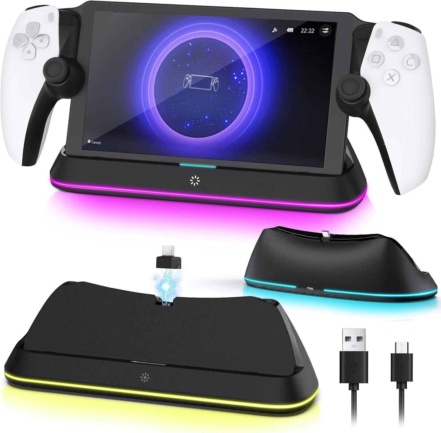 feinlux Ladeständer für PlayStation Portal, Ladestation oder Ladestation Controller (Packung, mit erhöhter Stabilität mit An/Aus-RGB-Licht und Typ-C-Kabel)