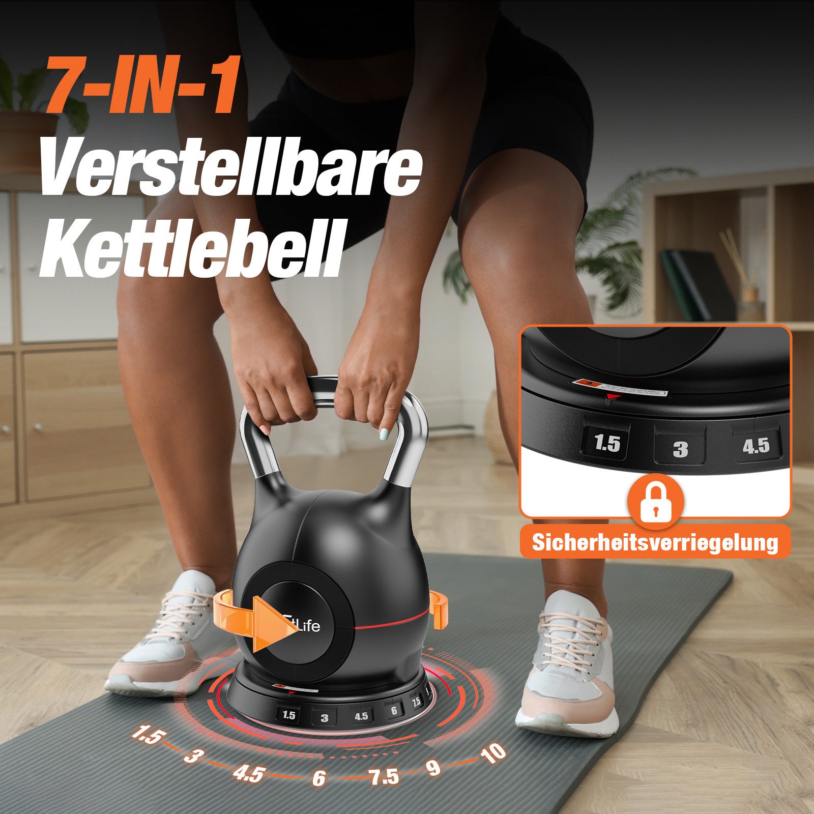 DH FitLife Kettlebell 7-in-1 Verstellbare Kugelhantel, (Set, 1.5–10kg), 7 Gewichtsstufen, Kompakt & Platzsparend