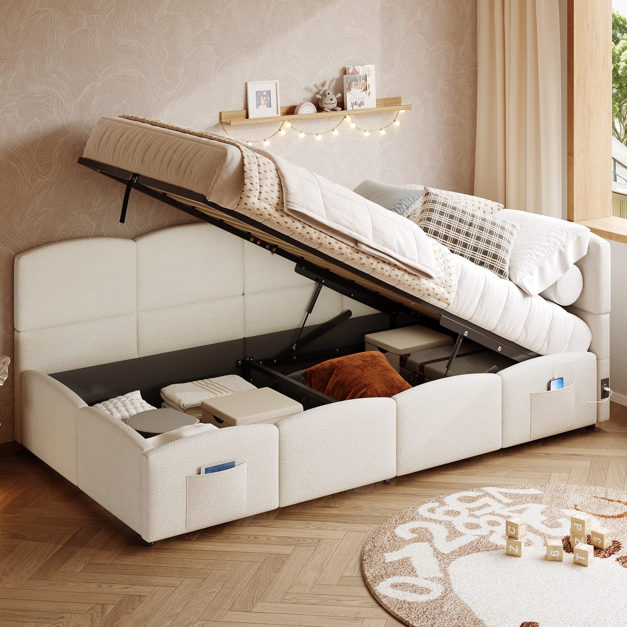 KLAM HOME Polsterbett Kinderbett, Einzelbett, Stauraumbett, Schlafsofa 90x200 cm (mit Lattenrost, USB-Ladegerät, Stautasche), Jugendbett und Erwachsenen-Kinderbett,Samt, beige (ohne Matratze)