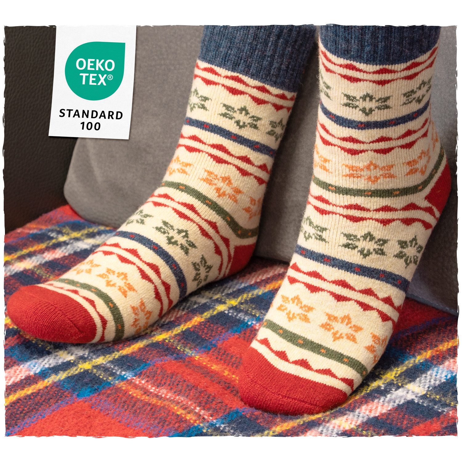 Footstar Thermosocken 2 Paar Warme Hygge Winter Wollsocken im Vintage-Design