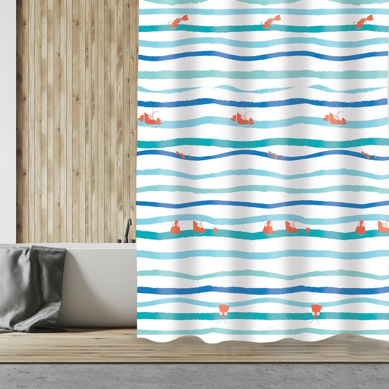 MSV Duschvorhang DEEP OCEAN Breite 180 cm, Textil-Duschvorhang, 100% Polyester, wasserabweisend, Anti-Schimmel-Effekt, waschbar 30°, maritimes Design, Farbe weiß / bunt, 180 x 200 cm