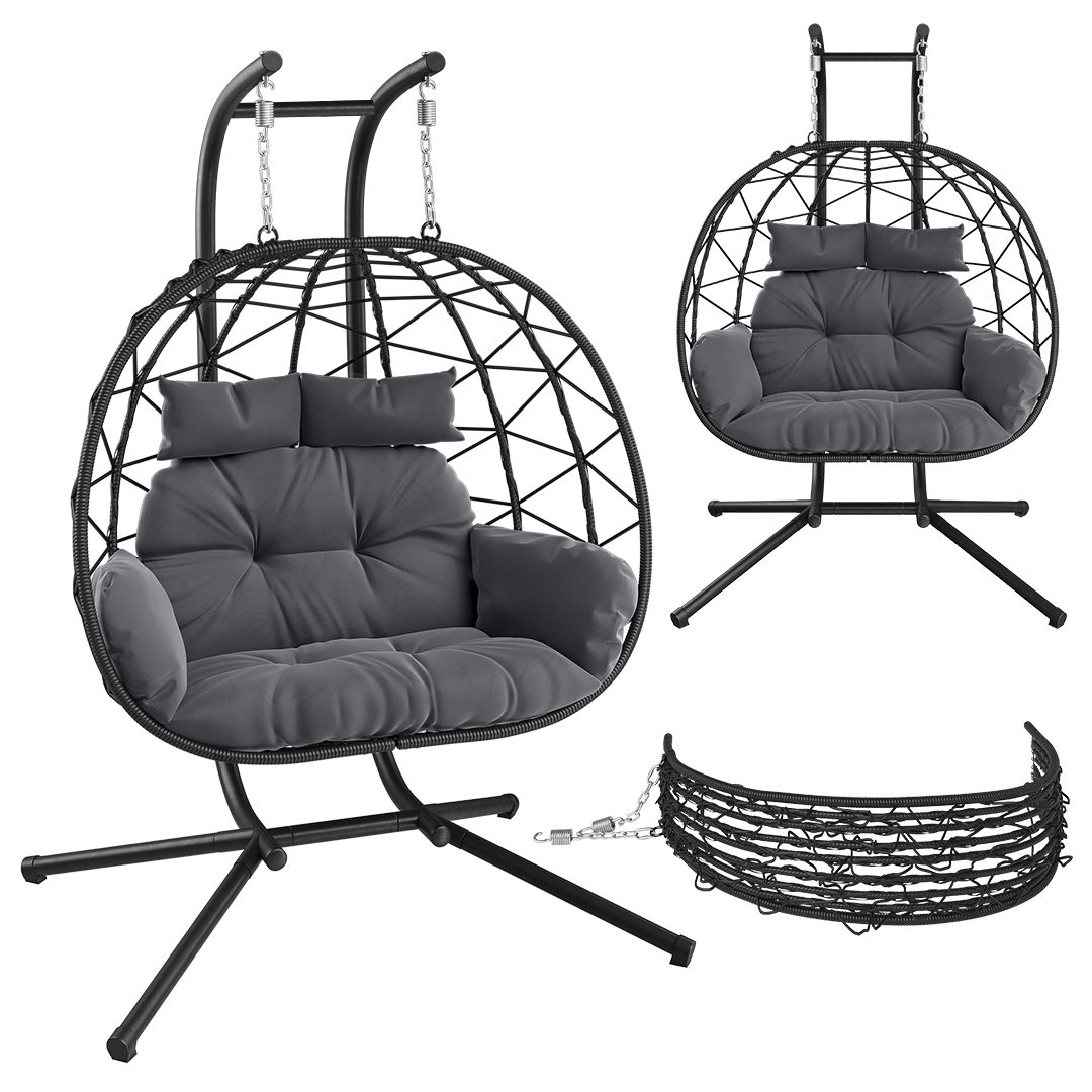 STEELSØN Hängesessel Alarian faltbar & höhenverstellbar, Rattan Hängekorb mit Sitzkissen (dunkelgrau/schwarz, 2-Sitzer inkl. Sitzkissen, bis 220 kg belastbar), mit XXL Korbsitz für indoor & outdoor, aus Polyrattan