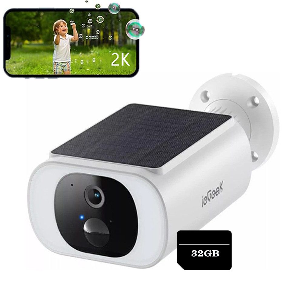 ieGeek Überwachungskamera Überwachungskamera aussen Weiß akku WiFi 6 Solarstromversorgung (Aussen Außenbereich, Integriertes Mikrofon, Eingebaute Lautsprecher, H.265 Kompression, 200 Lumen -Ringlicht, Hohe Erfolgsrate -Paarung, 5000mah Lithiumbatterie, IP65 Schutz, 10 Meter Nachtsicht, 6W Sonnenkollektoren, 2k HD, 32GB TF Karte)