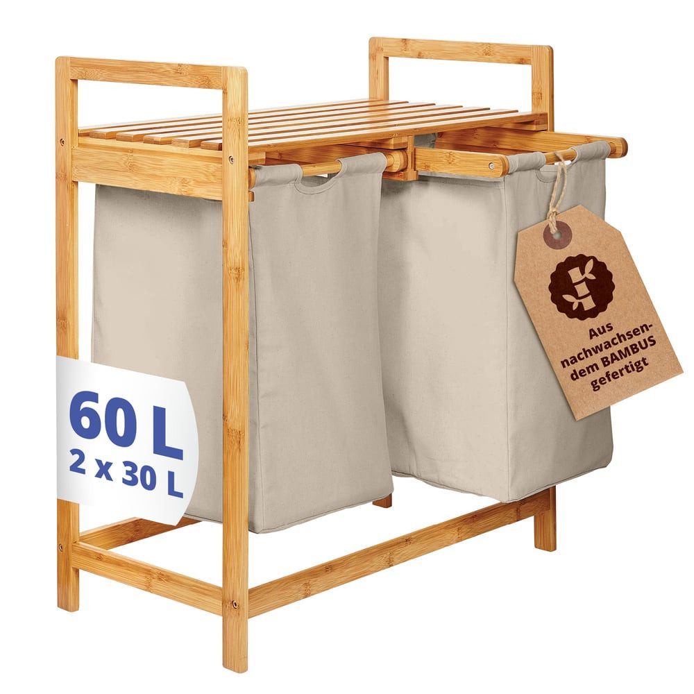 Lumaland Ausziehwäschekorb Bambus mit 2 ausziehbaren Wäschesäcken 73x64x33cm, Wäschesammler mit Deckel, Pflegeleichtes Material,  leicht abwischbar. Reduzierter Preis € 53,99. Unverbindliche Preisempfehlung € 62,99