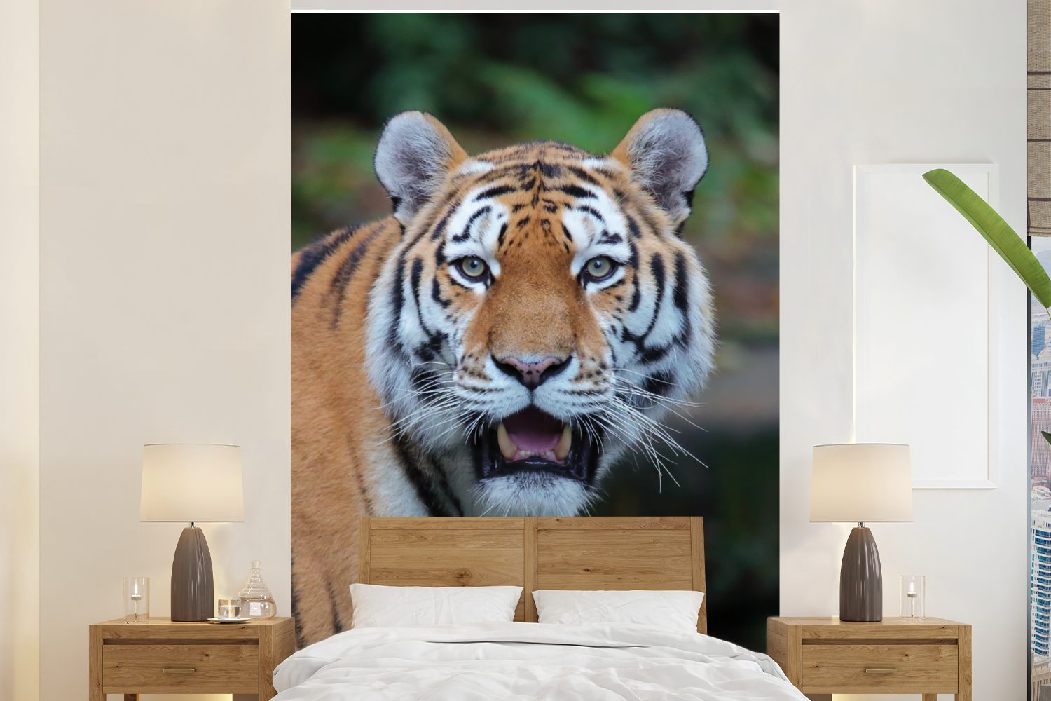 MuchoWow Fototapete Tiger - Gähnen - Natur, Matt, bedruckt, (3 St), Montagefertig Vinyl Tapete für Wohnzimmer, Wandtapete