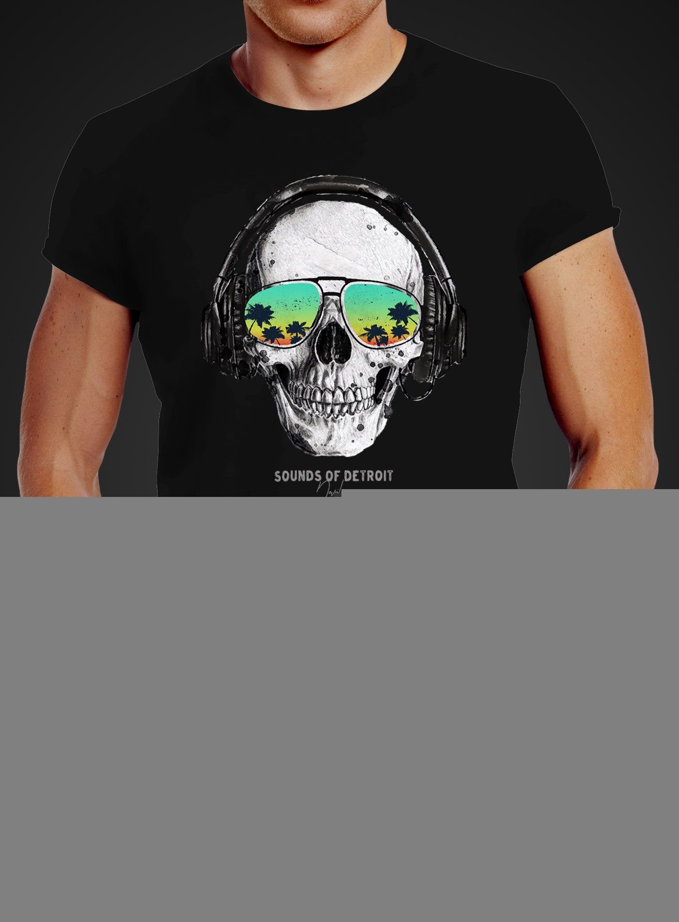 Neverless Print-Shirt Herren T-Shirt Totenkopf Kopfhörer Musik Party Skull Sonnenbrille mit Print