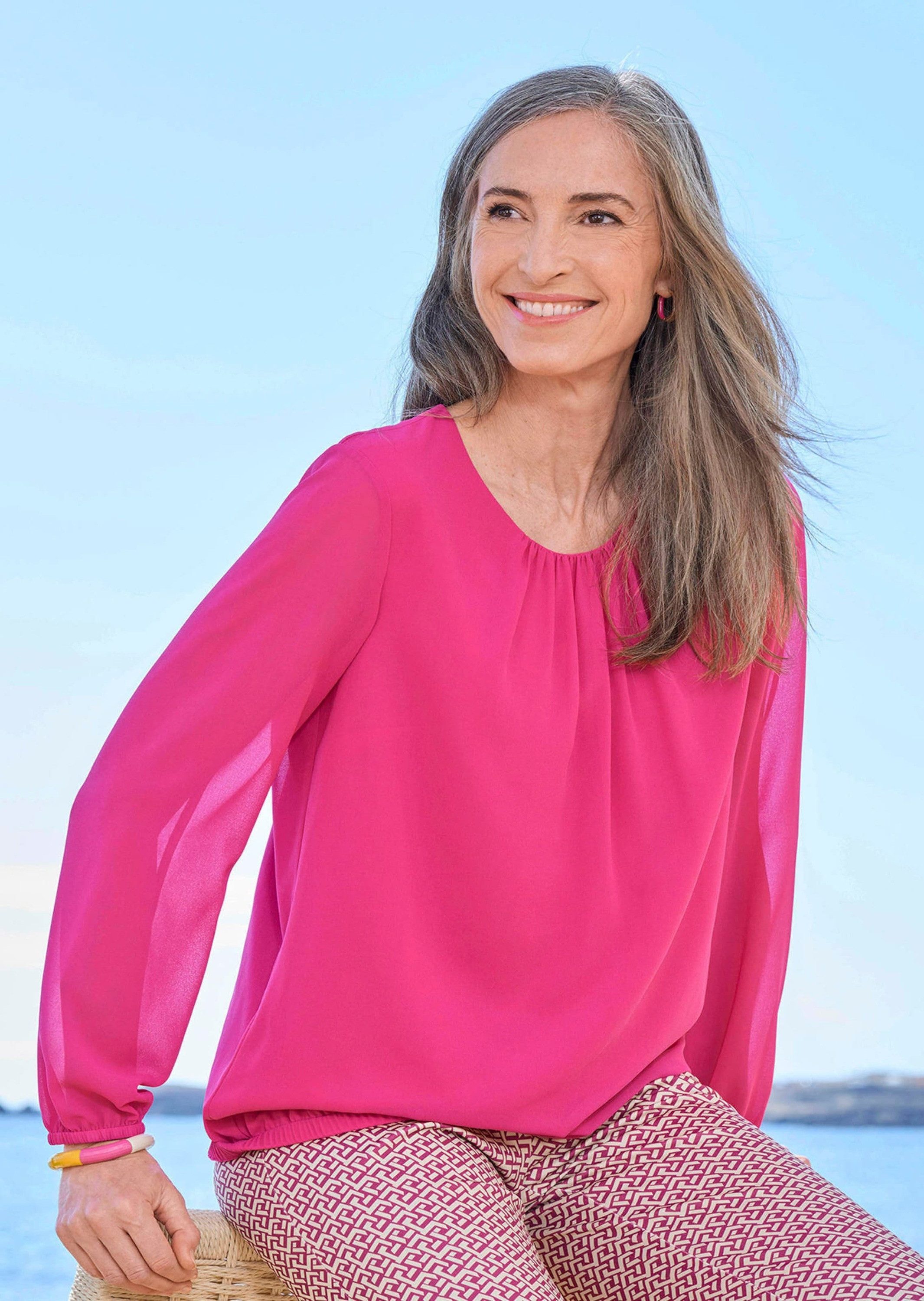GOLDNER Klassische Bluse Jerseybluse mit Falten-Details Blusenshirt mit Rundhals, Gummibündchen und Langarm