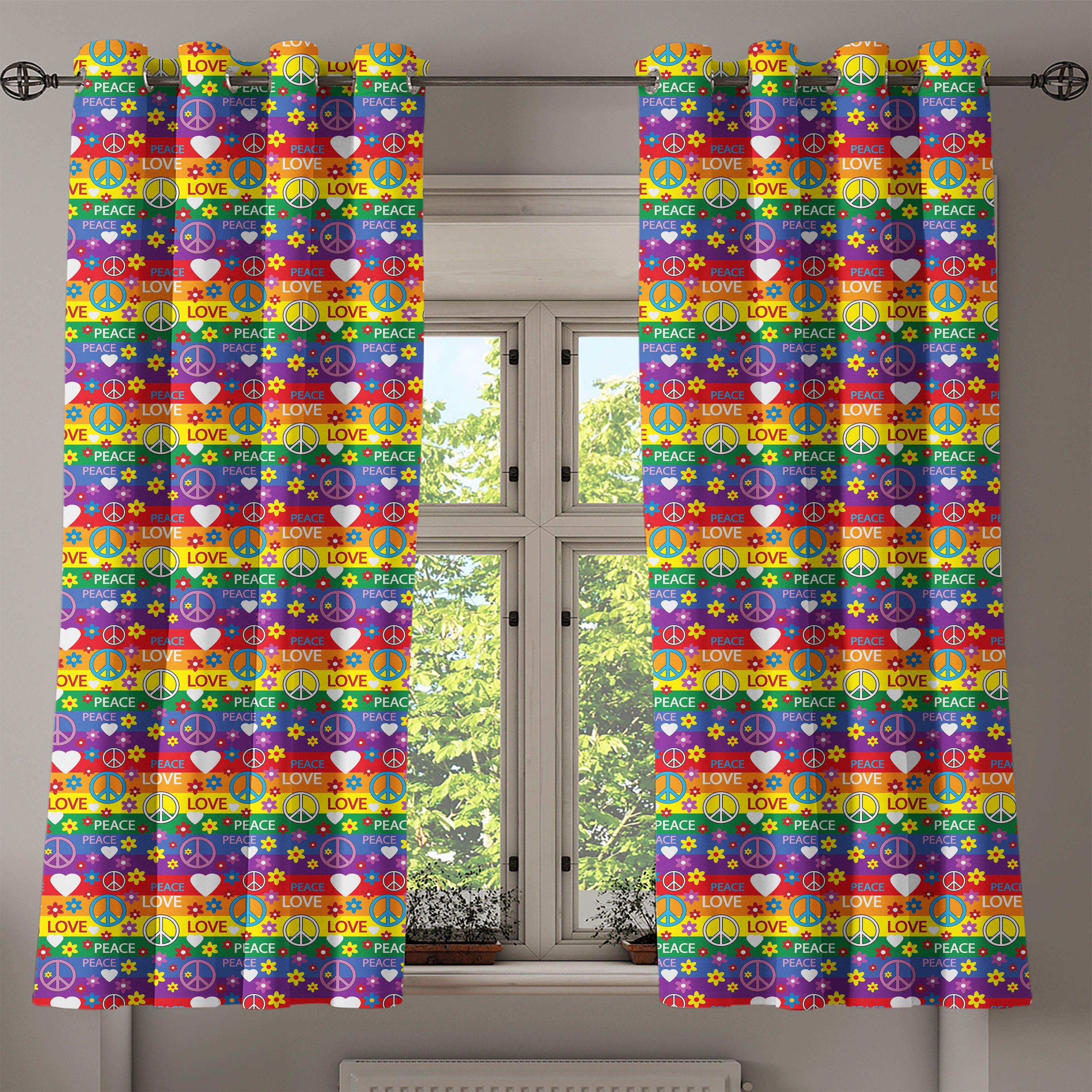 Gardine Dekorative Schlafzimmer Abakuhaus, Wohnzimmer, 2-Panel-Fenstervorhänge Herz-Frieden für Hippie