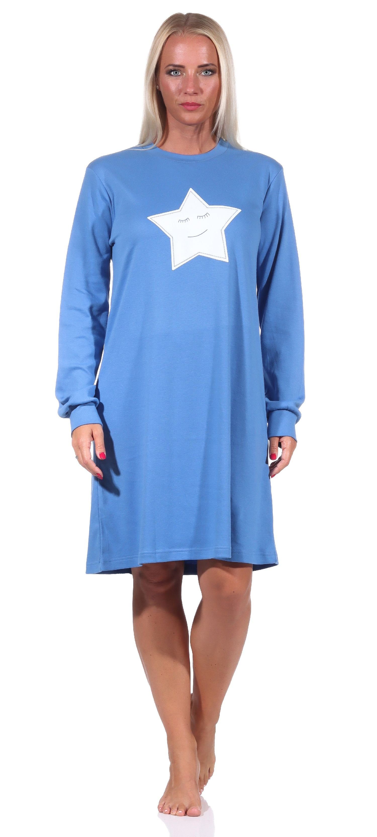 Normann Nachthemd Kuschel Interlock Damen Nachthemd langarm mit Bündchen + Sterne Motiv blau