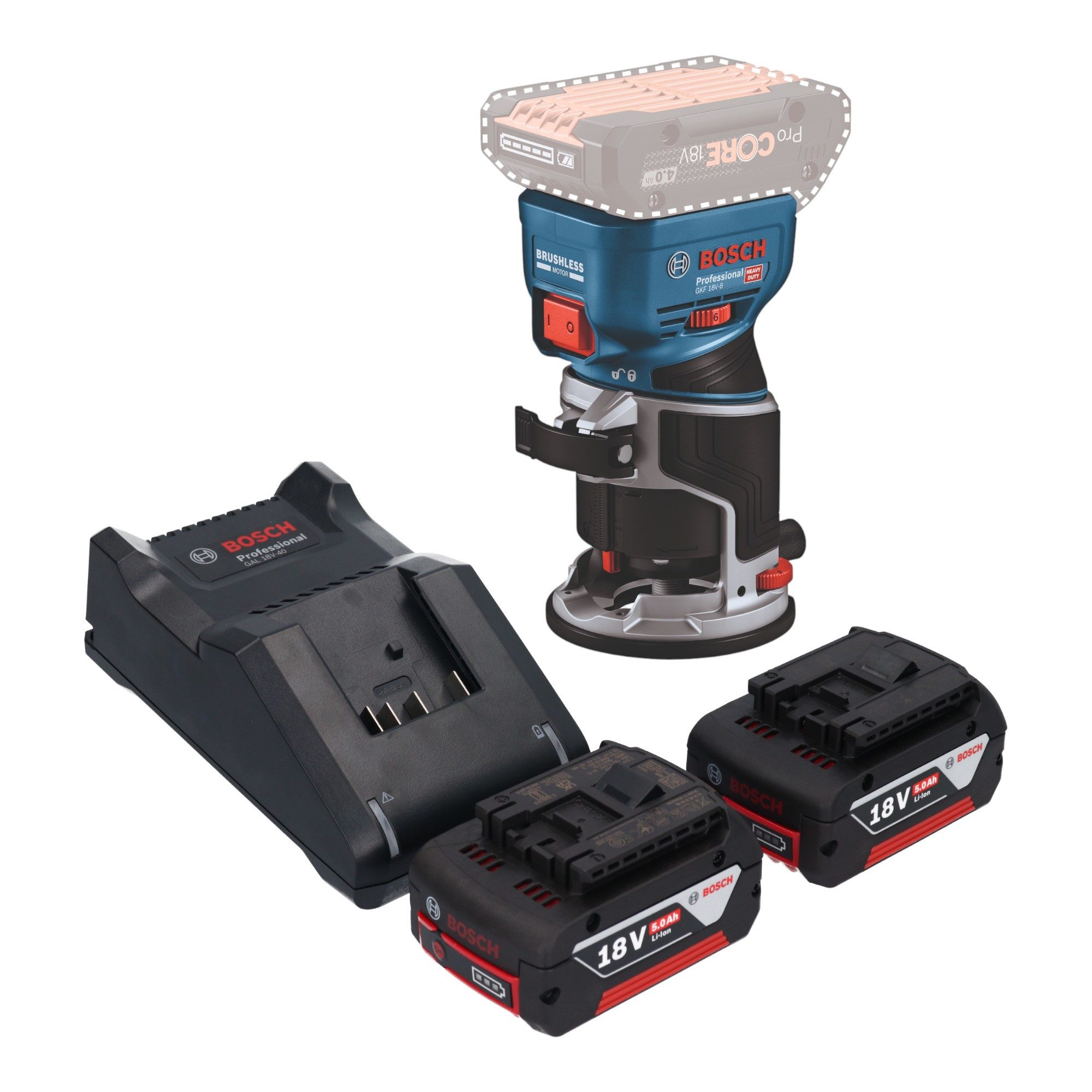 Bosch Professional Oberfräse GKF 18V-8 Professional 18 V 8,0 mm + 2x Akku 5,0 Ah + Ladegerät
