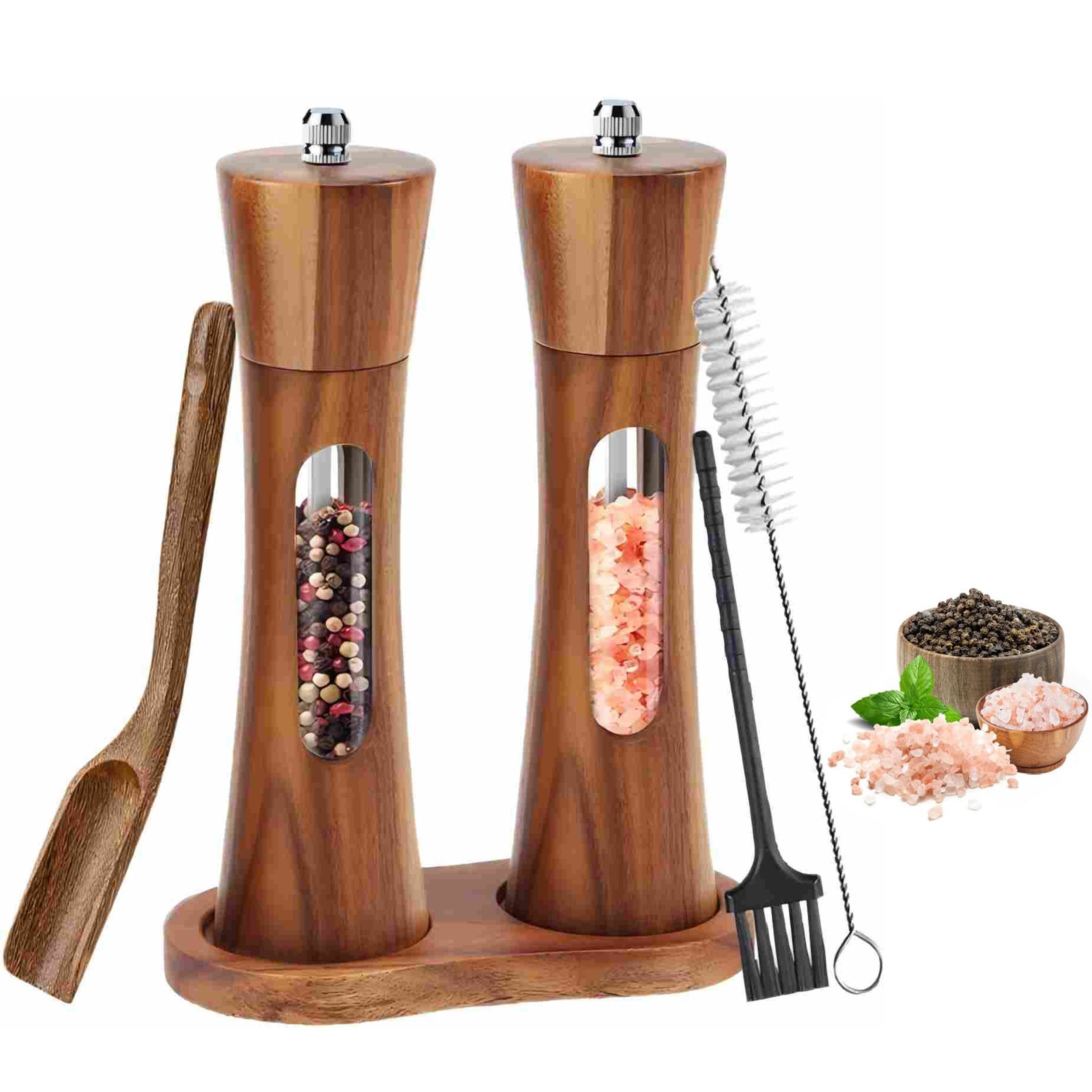 Refined Living Salz-/Pfeffermühle Gewürzmühle Set manuell, Akazienholz Pfeffermühle, mit Keramikmahlwerk Gewürzmühle Set, Salz- und Pfeffermühle Set Holz 2er Set 20cm, Pfeffermühle Holz Salzstreuer, stufenlos einstellbar wiederbefüllbar mit Holzsockel, 1 × Löffel 2×Reinigungsbürsten, ergonomisches, langlebiges, Korrosionsbeständig, verschleißfest, für Küche, Grillabende und Esstisch, (2 Stück), für Mahlen von Salz, Pfeffer, Chili, Kräuter & viele weitere Gewürze