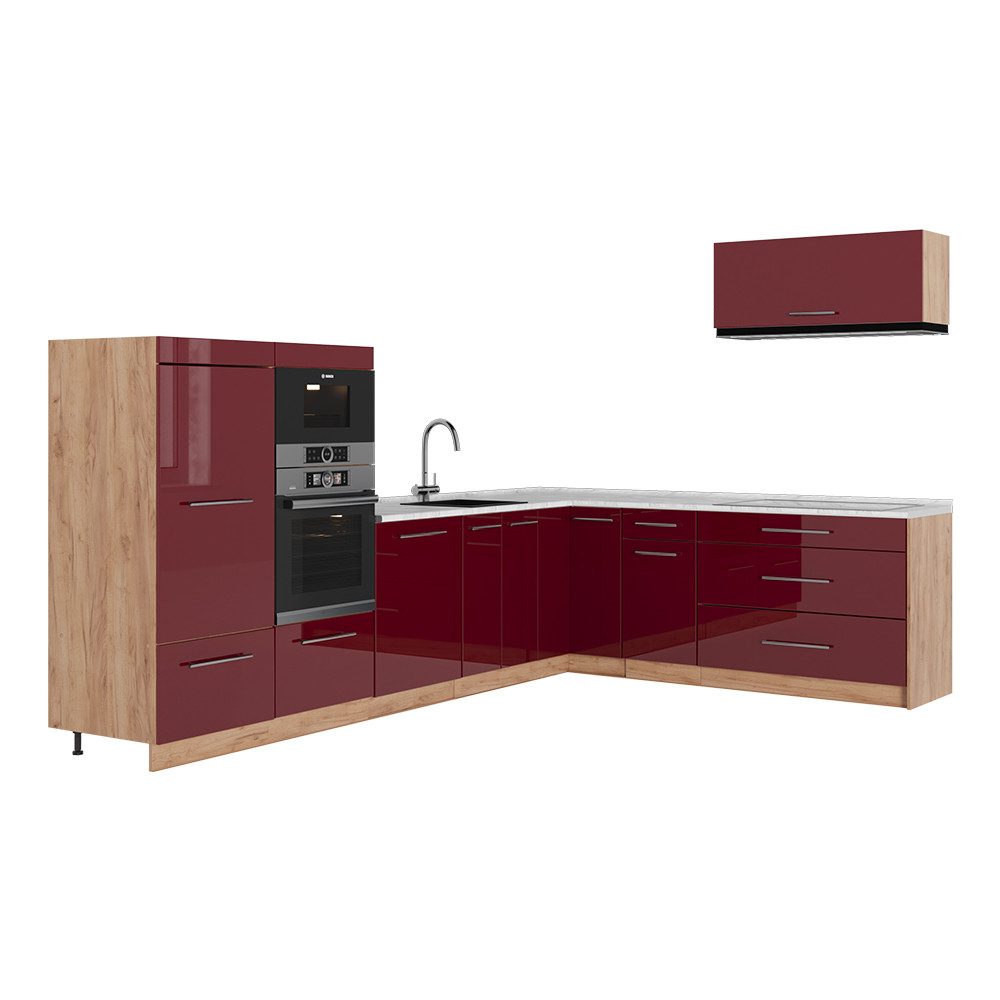 Vicco Winkelküche Fame-Line, Bordeaux Hochglanz/Goldkraft Eiche, 327 x 227 cm, AP Marmor