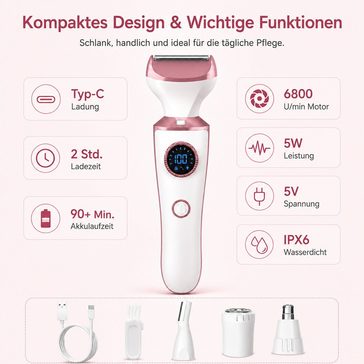 XEOOCE Epilierer Damenrasierer, 4-in-1, Elektrisch, USB-C, Körper & Gesicht, Trimmer, Aufsätze: 4 St., Haarentferner + 4 Aufsätze + Typ-C-Kabel + Anleitung, 4-in-1, wasserdicht, Nass-/Trockenrasur, Typ-C-Ladung, LED-Display
