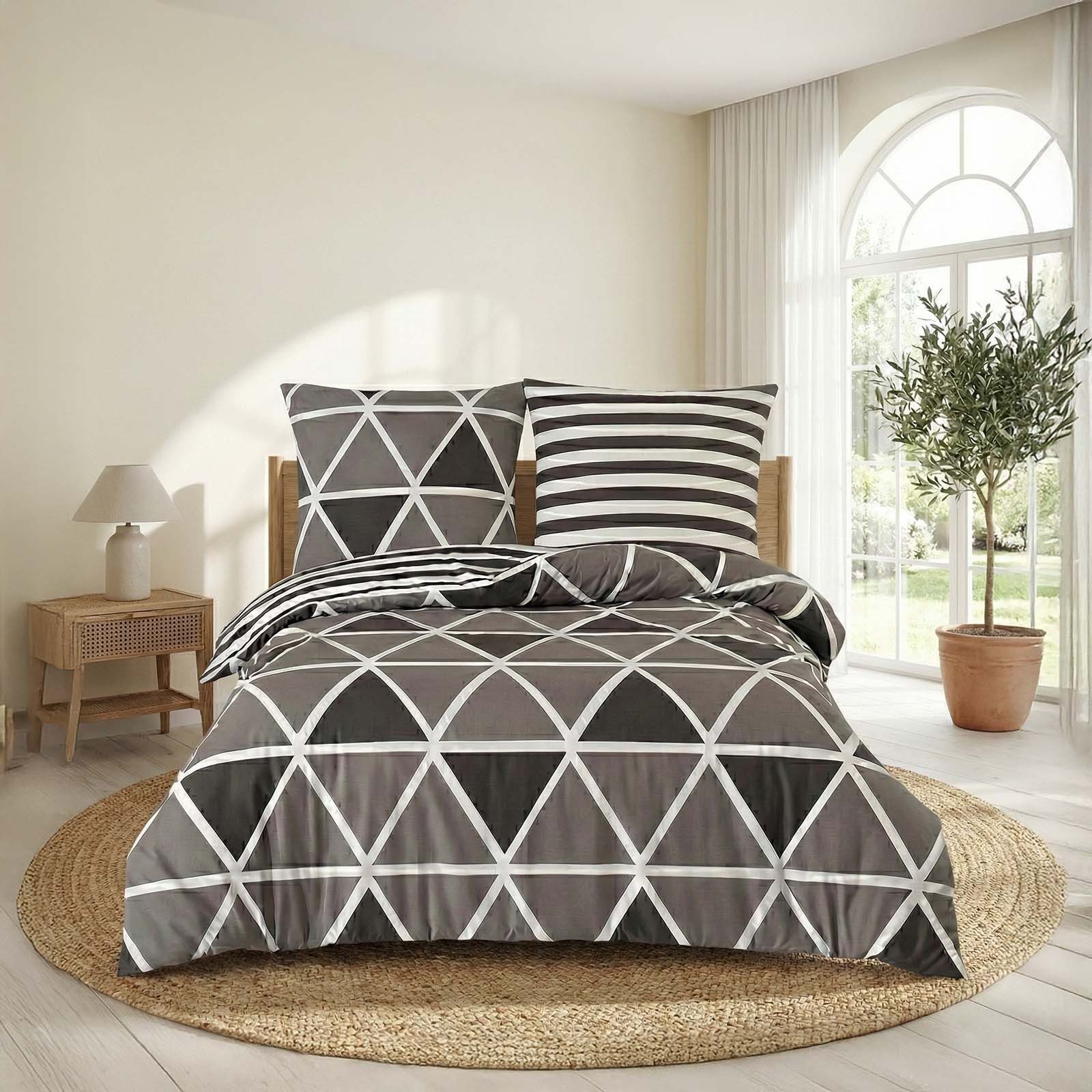 Buymax Bettwäsche Memento, Bettgarnitur, Bettbezug Set, Renforce: 100% Baumwolle, 2 teilig, mit Reißverschluss, modern, Karo, Streifen, Grau, Weiß, 135x200 cm